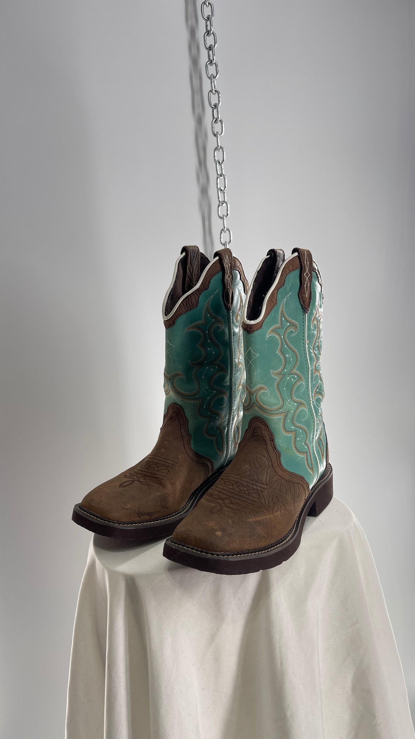 Vintage Justin Gypsy Brown Leather Turquoise Raya Cowboy Boots (8.5B)