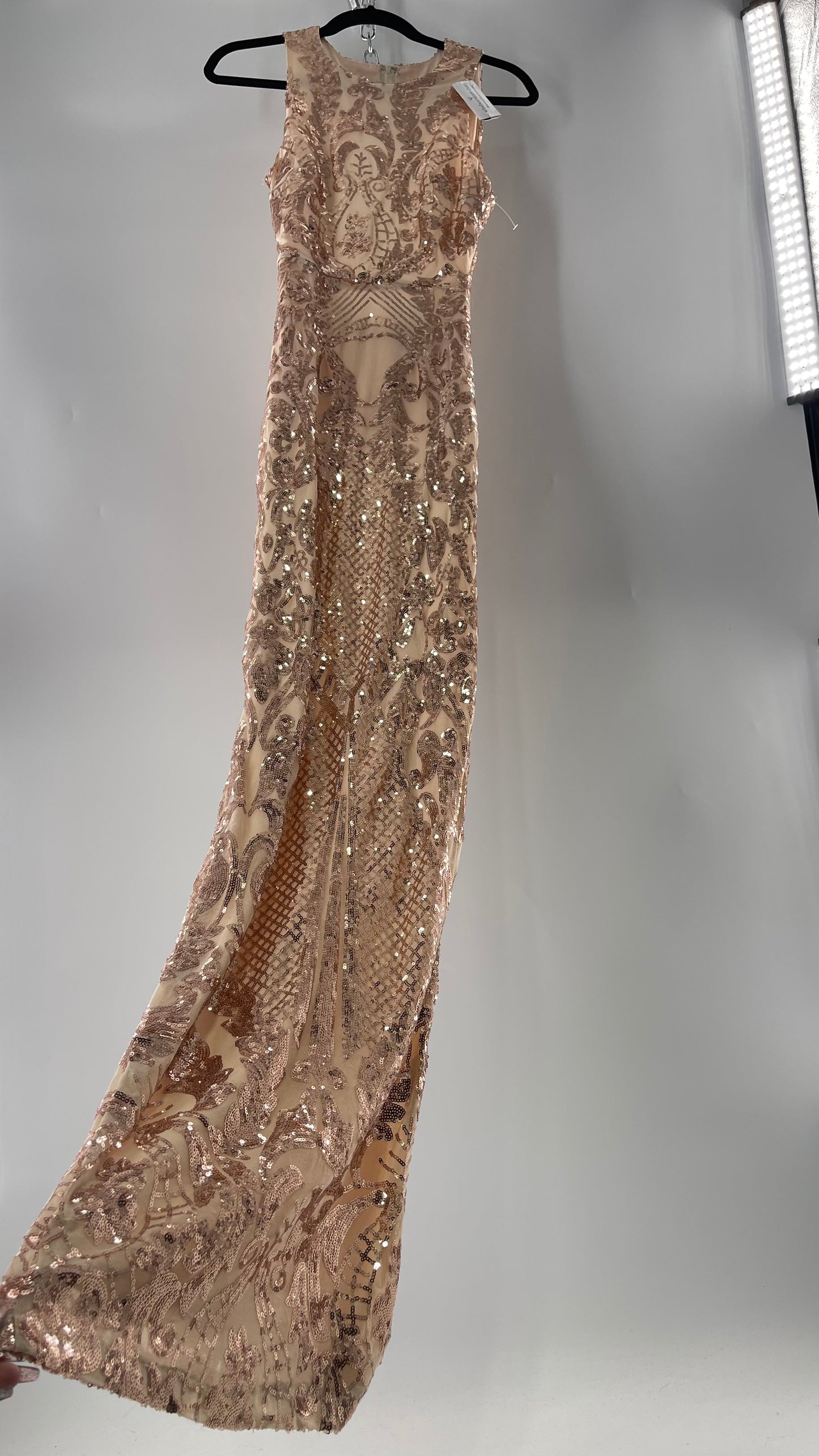 Windsor Rose Gold Sequin Maxi Dress with Side Slit Detail and Open Back (Small)