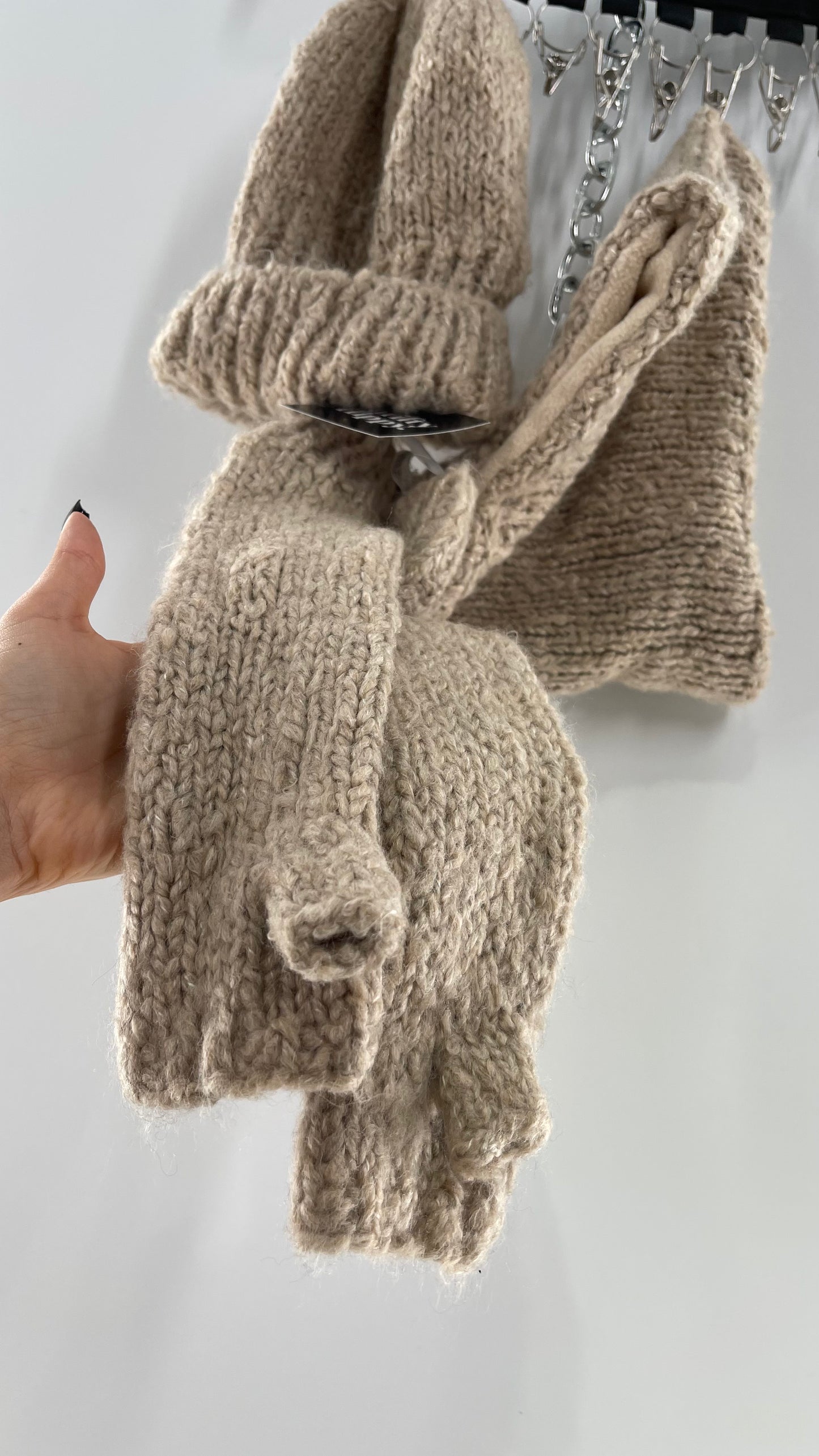 Free People Beige/Tan Knit Gloves, Hat and Scarf Set