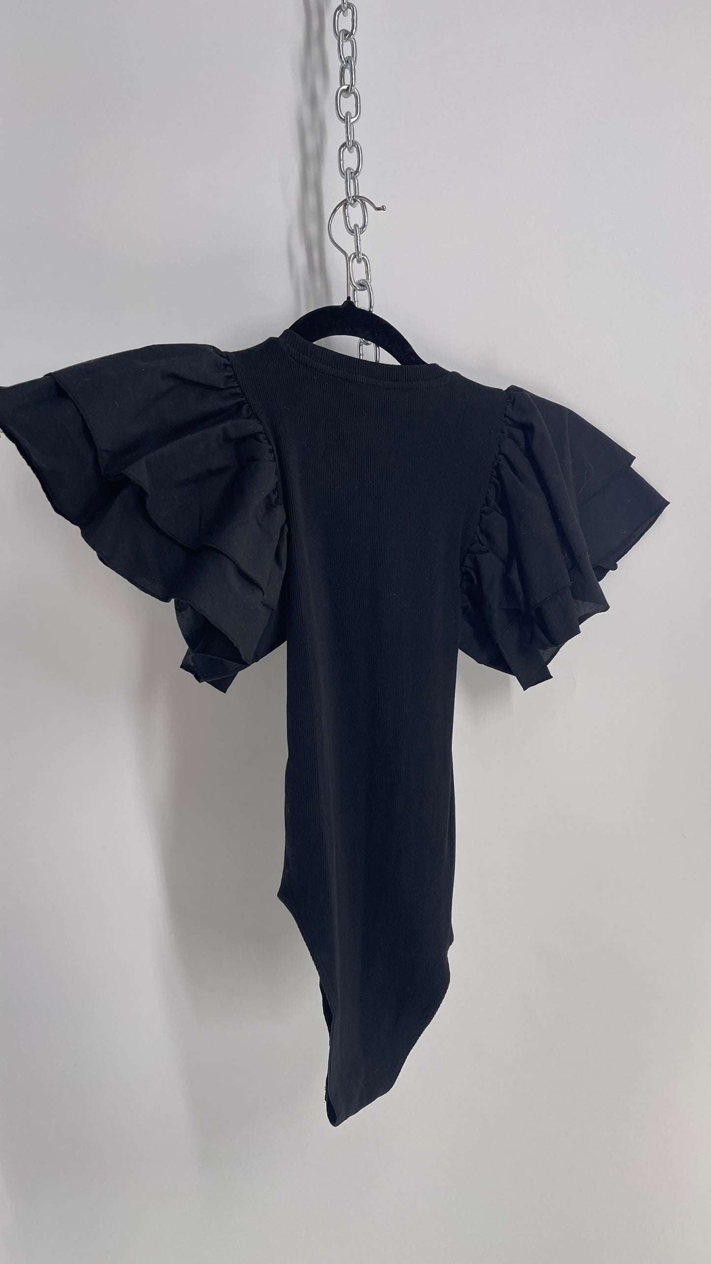 ZARA Black Bodysuit with Ruffled Sleeve Detail (Small)