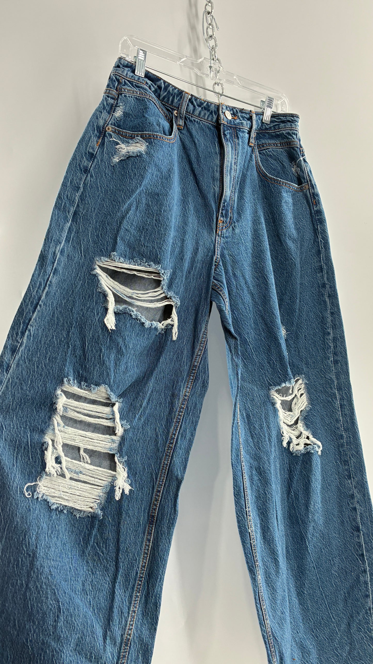 Free People Medium Wash Wide Leg Distressed Jeans (30)