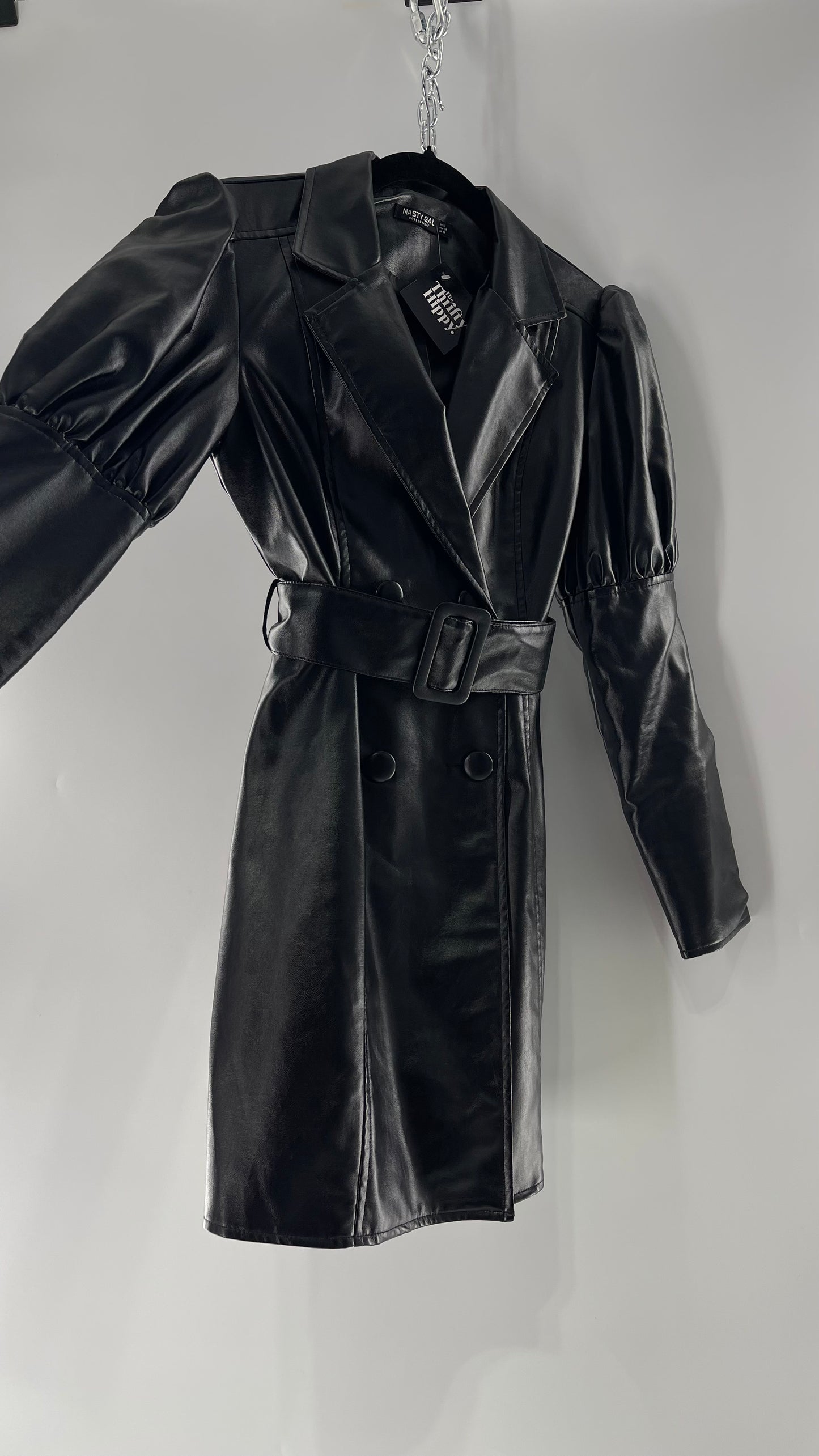 NASTYGAL Black Patent Pleather Puff Shoulder Belted Trench Coat (C)(6)