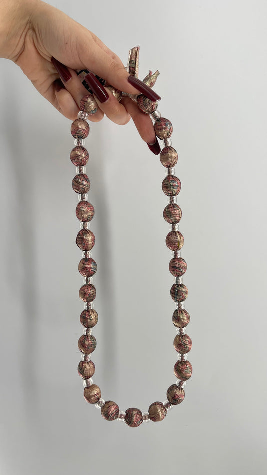 Vintage Metallic Fabric Wrapped Beaded Necklace