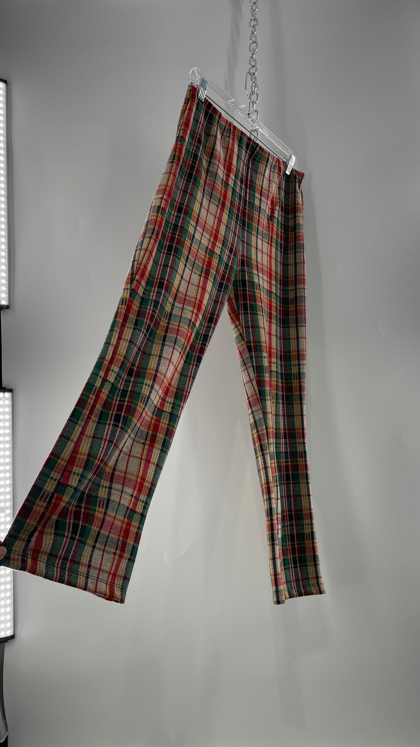 Free People Red\Green Plaid Knit Straight Leg Pants with Elastic Waist ( L)