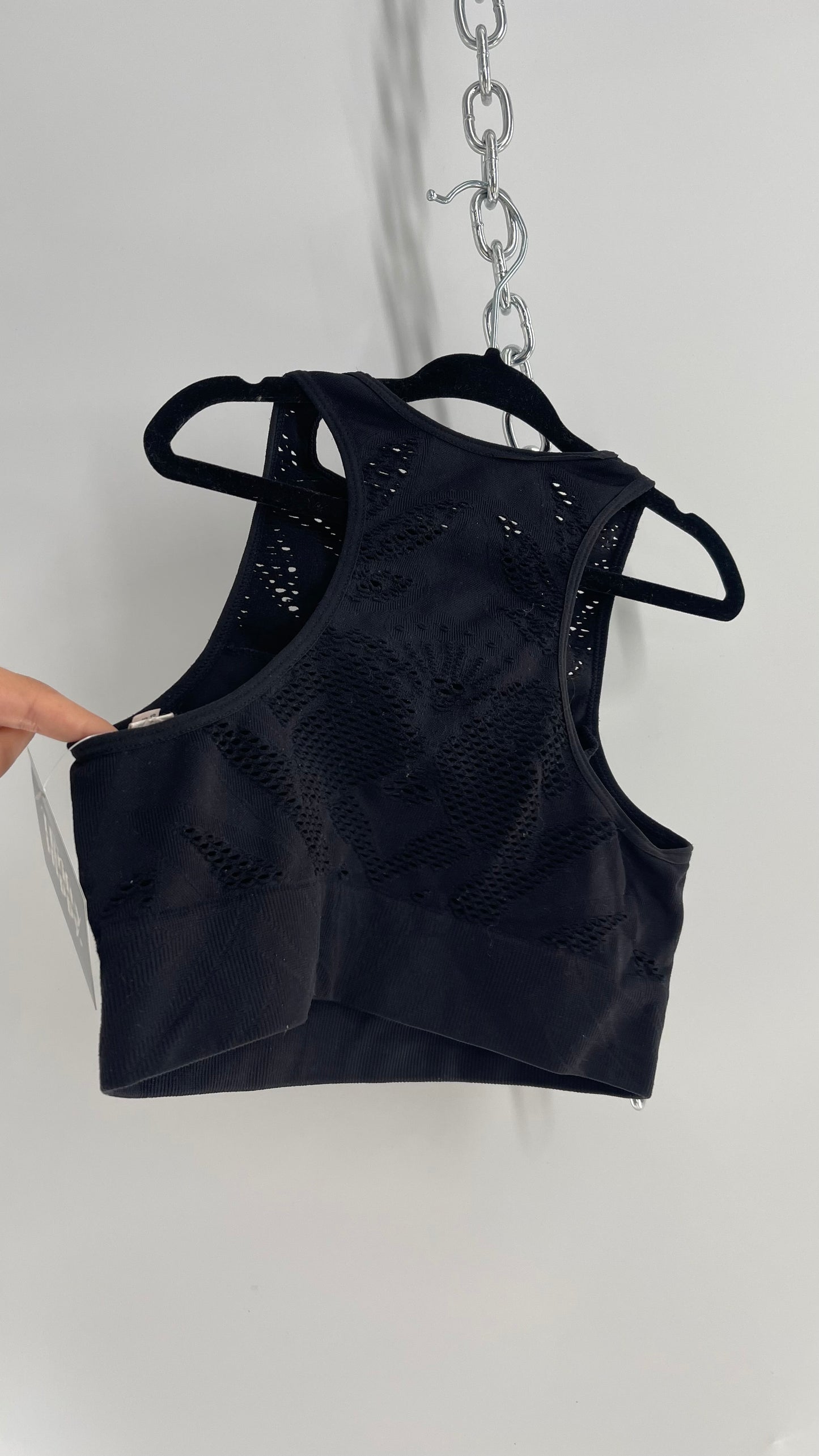 Aerie Worn Black Racer Back Spandex Sports Bra with Perforated Lace Detail (Small)