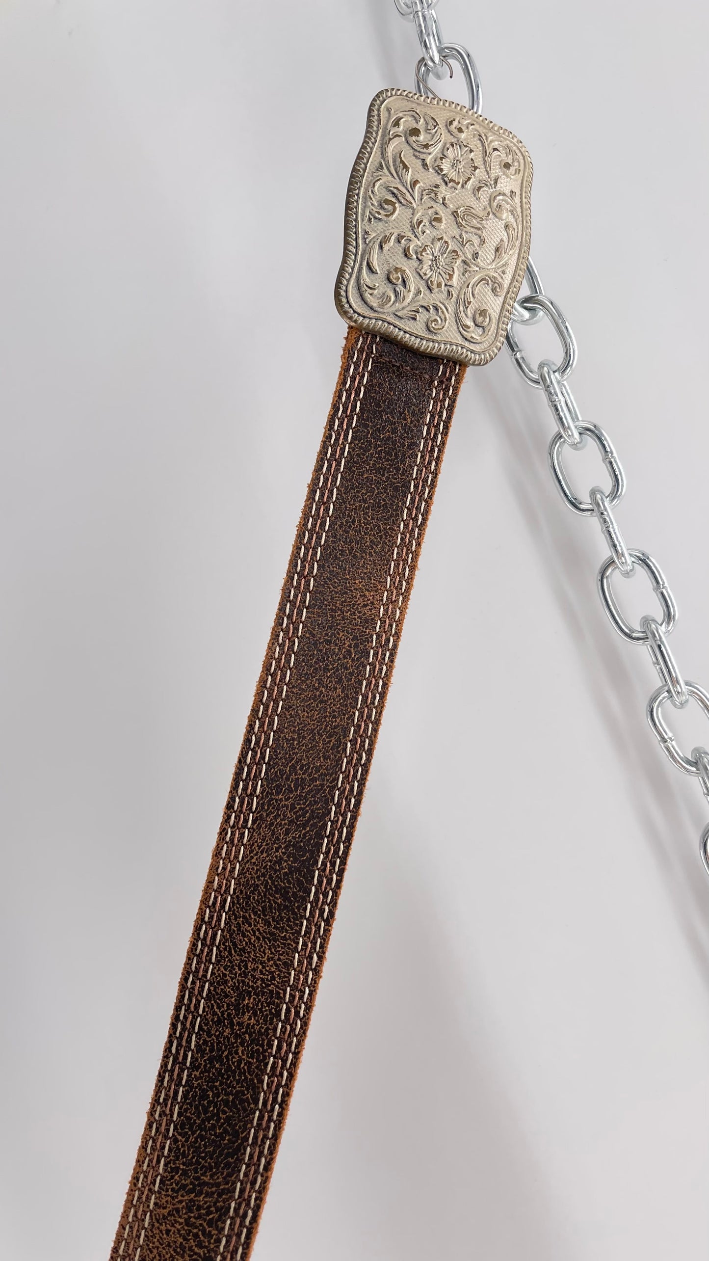 Vintage Belt Shak Brown Leather Belt with Stitching and Embossed Silver Metal Buckle (M)