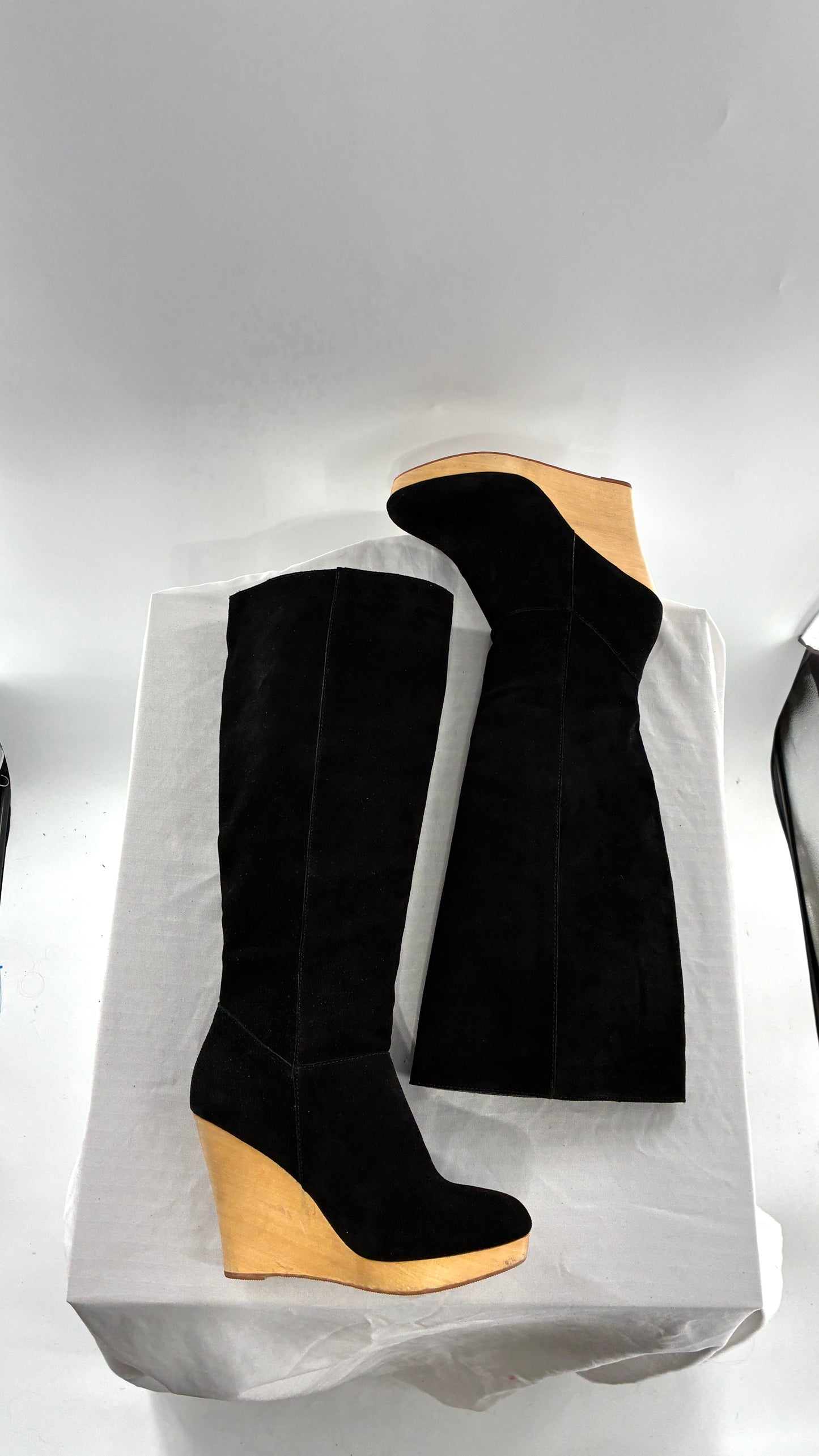 Vintage Black Genuine Suede Leather Knee High Boots with Skinny Wooden Wedge Heel (9)