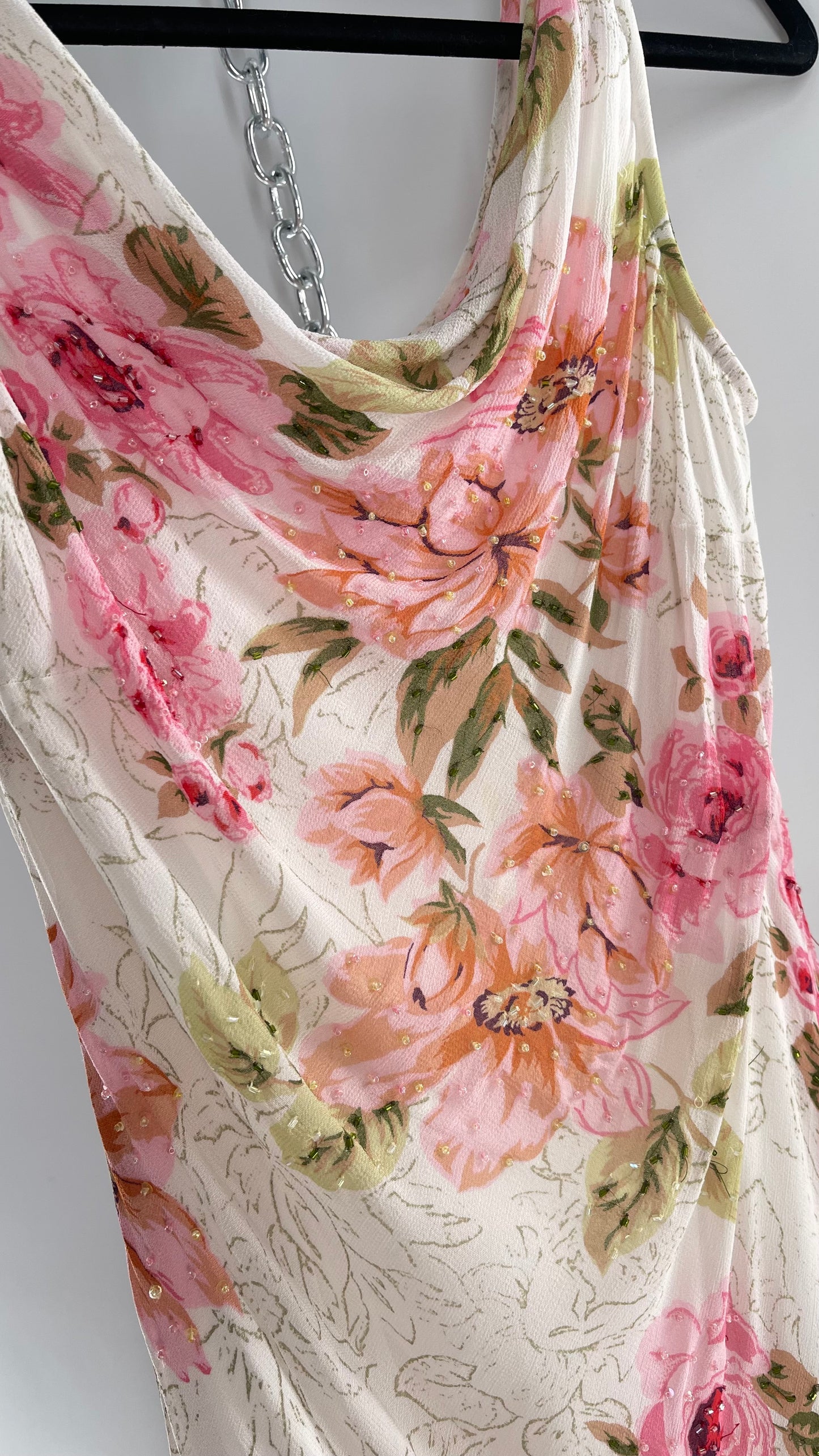 Vintage Eva Blue Pink Floral Draped Neck Sleeveless MIDI with Beading (10)