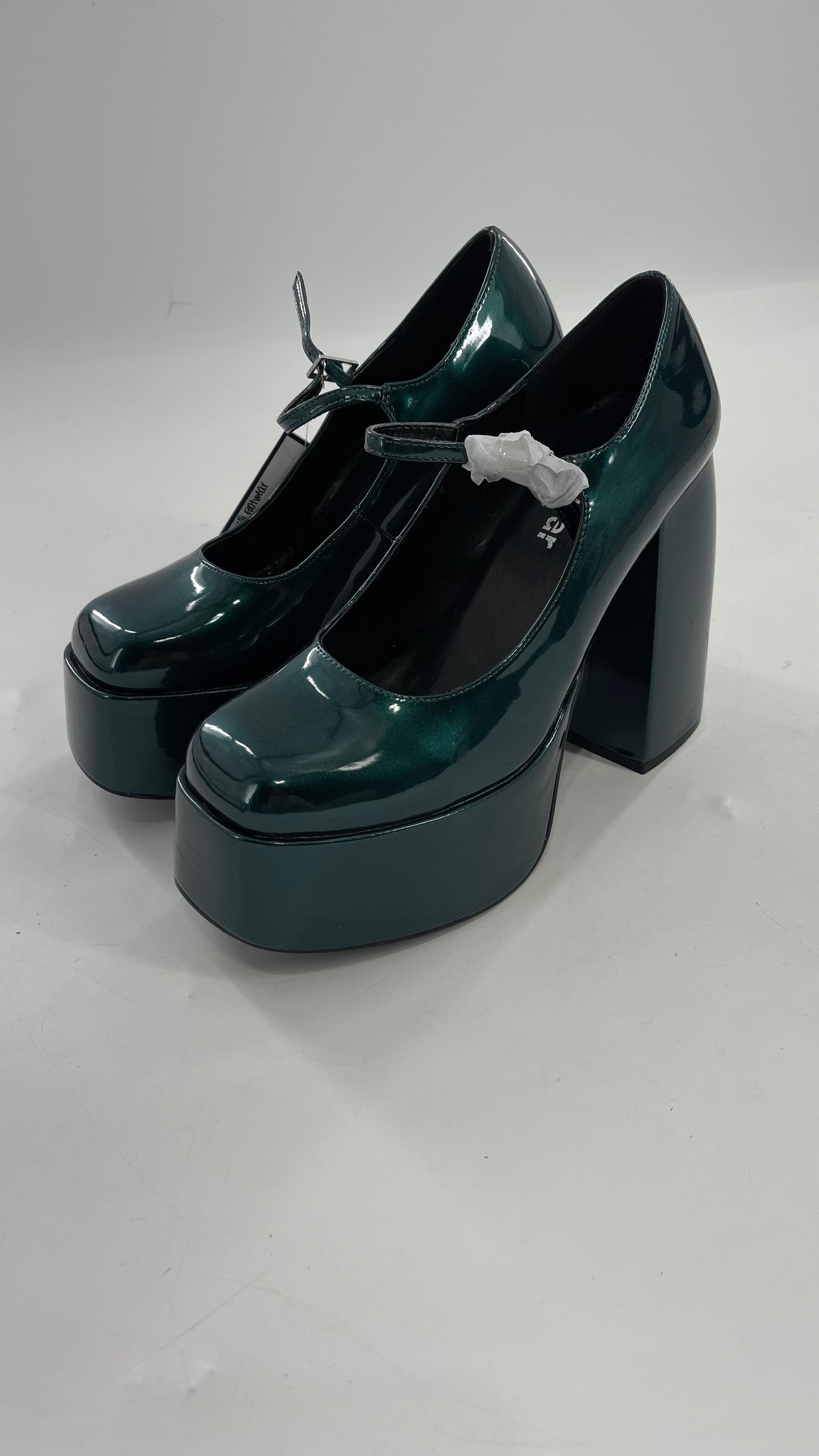 KOI FOOTWEAR Patent Emerald Green Platform Chunky Heel Mary Janes (9/39)