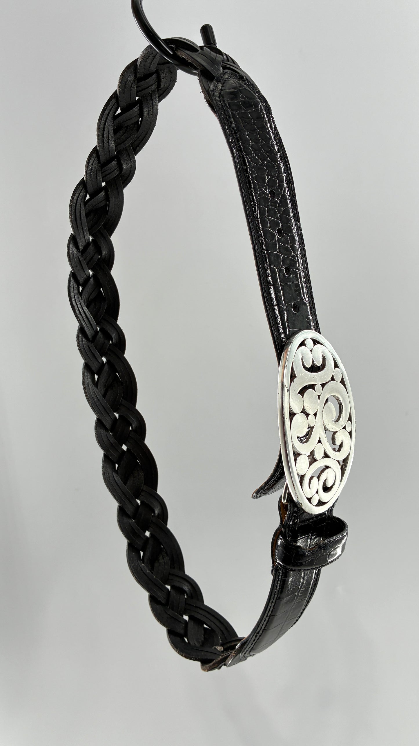 Brighton Black Leather Braided Belt with Oversized Silver Buckle (32)