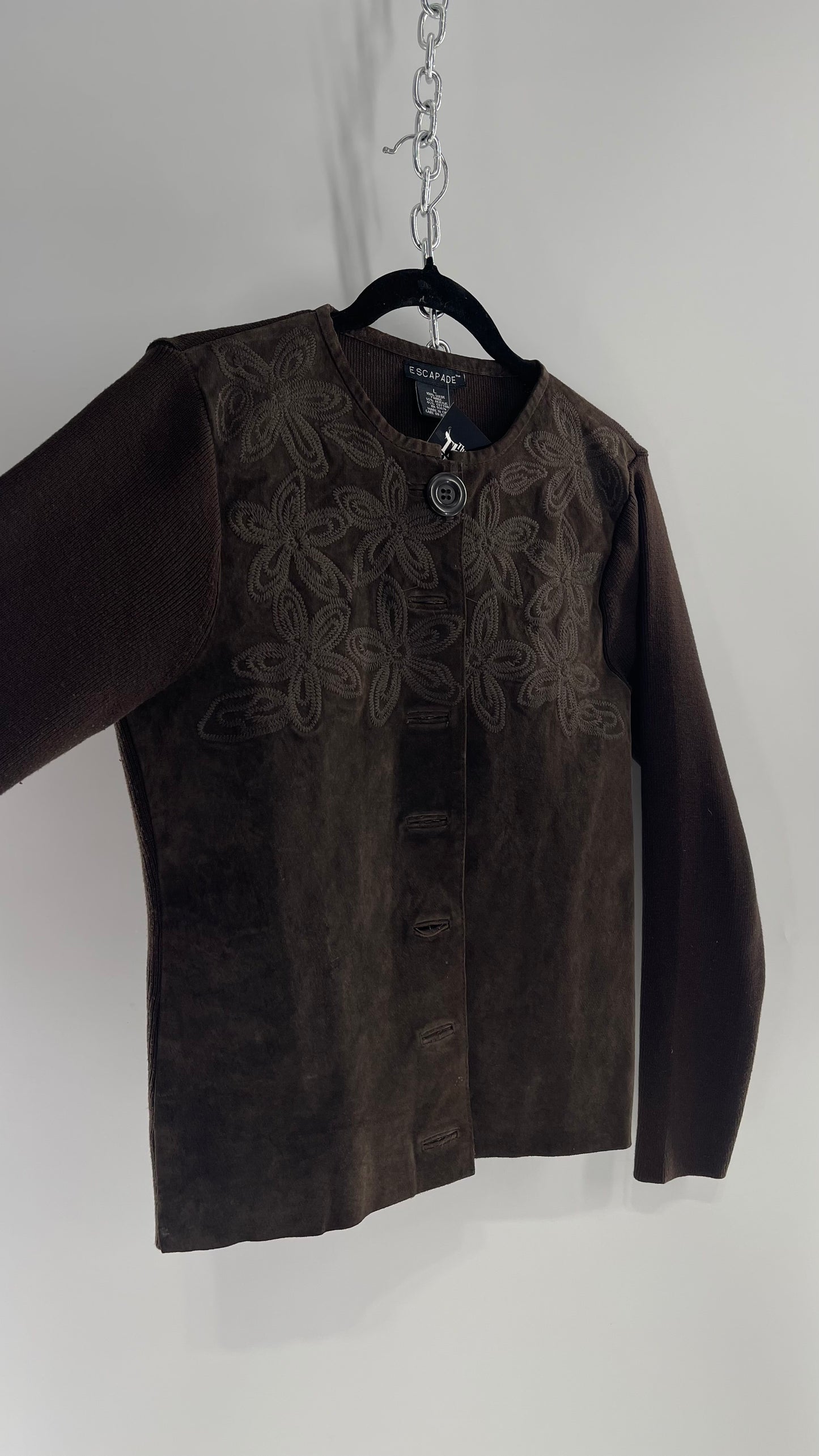 ESCAPADE Vintage 1990s Dark Brown Suede Vest with Knit Sleeves and Embroidered Flowers (Large)