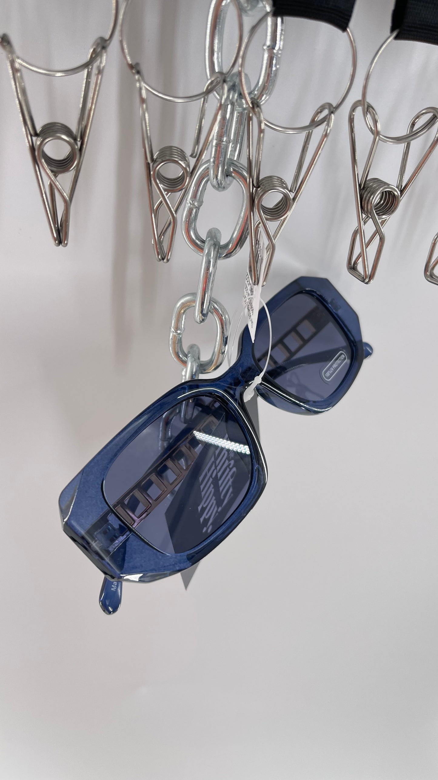 Navy Blue Rectangle Sunglasses with Gold Chain