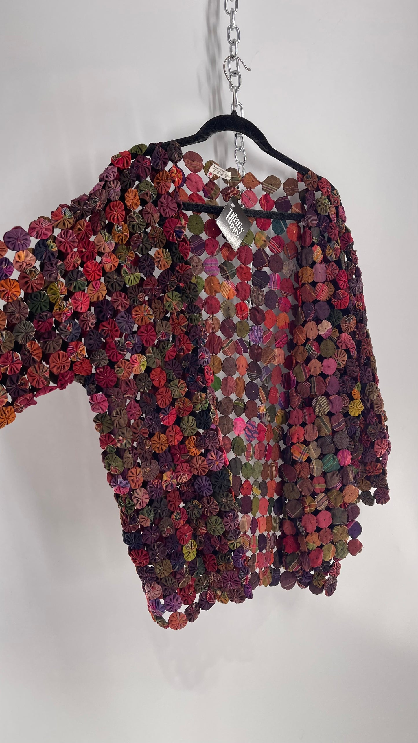 Vintage Handcrafted Multicolored Print Yo-Yo Quilt Kimono Sleeve Jacket, 1970s Thai 100% Silk