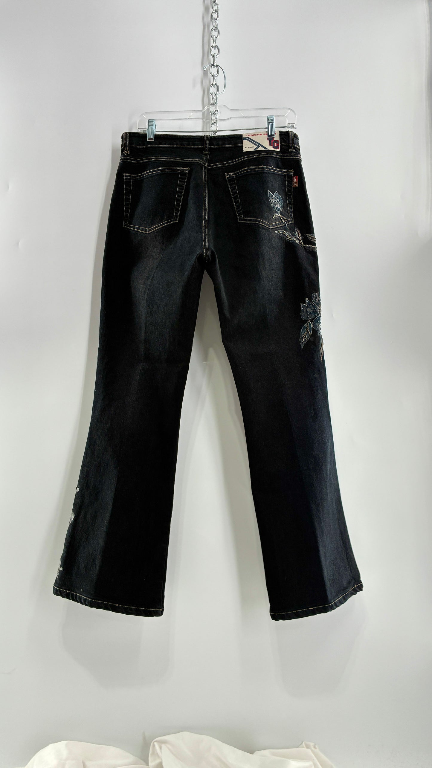 Vintage TEMCHE JEANS Dark Wash Jeans with Painted, Beaded Florals