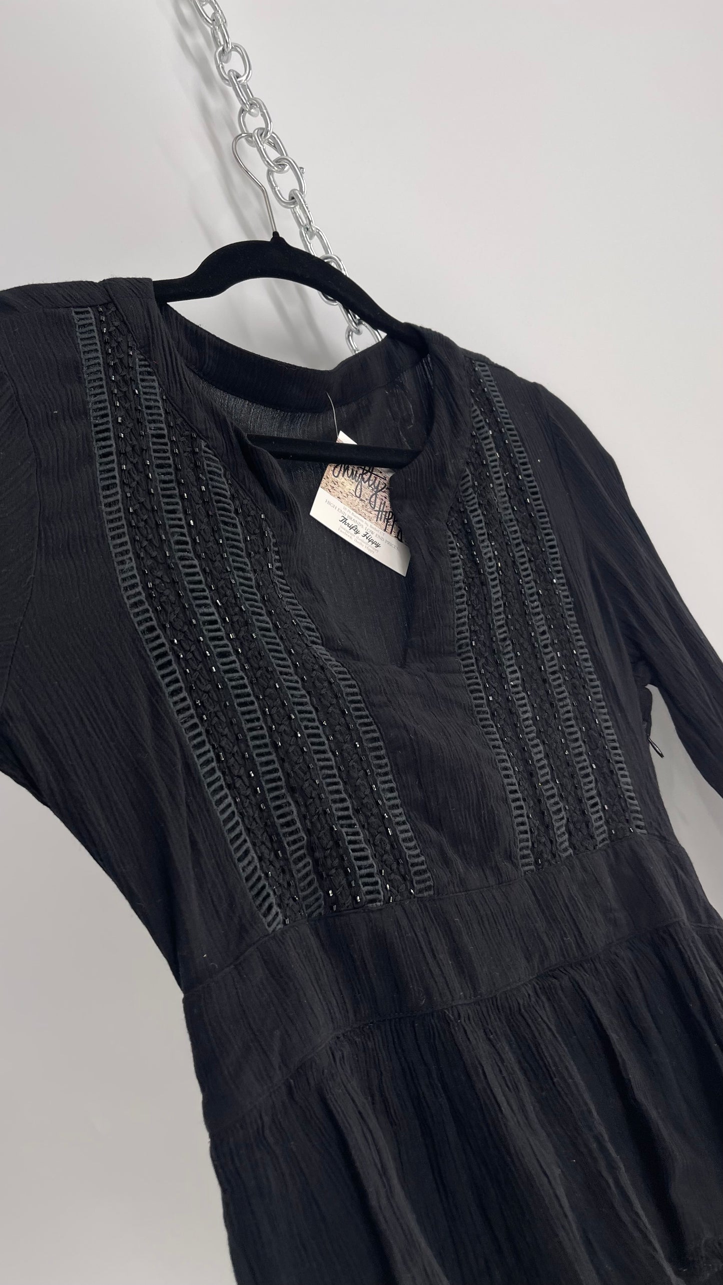 Black Ruffle Base Beaded Neckline and Side Zipper (Small)