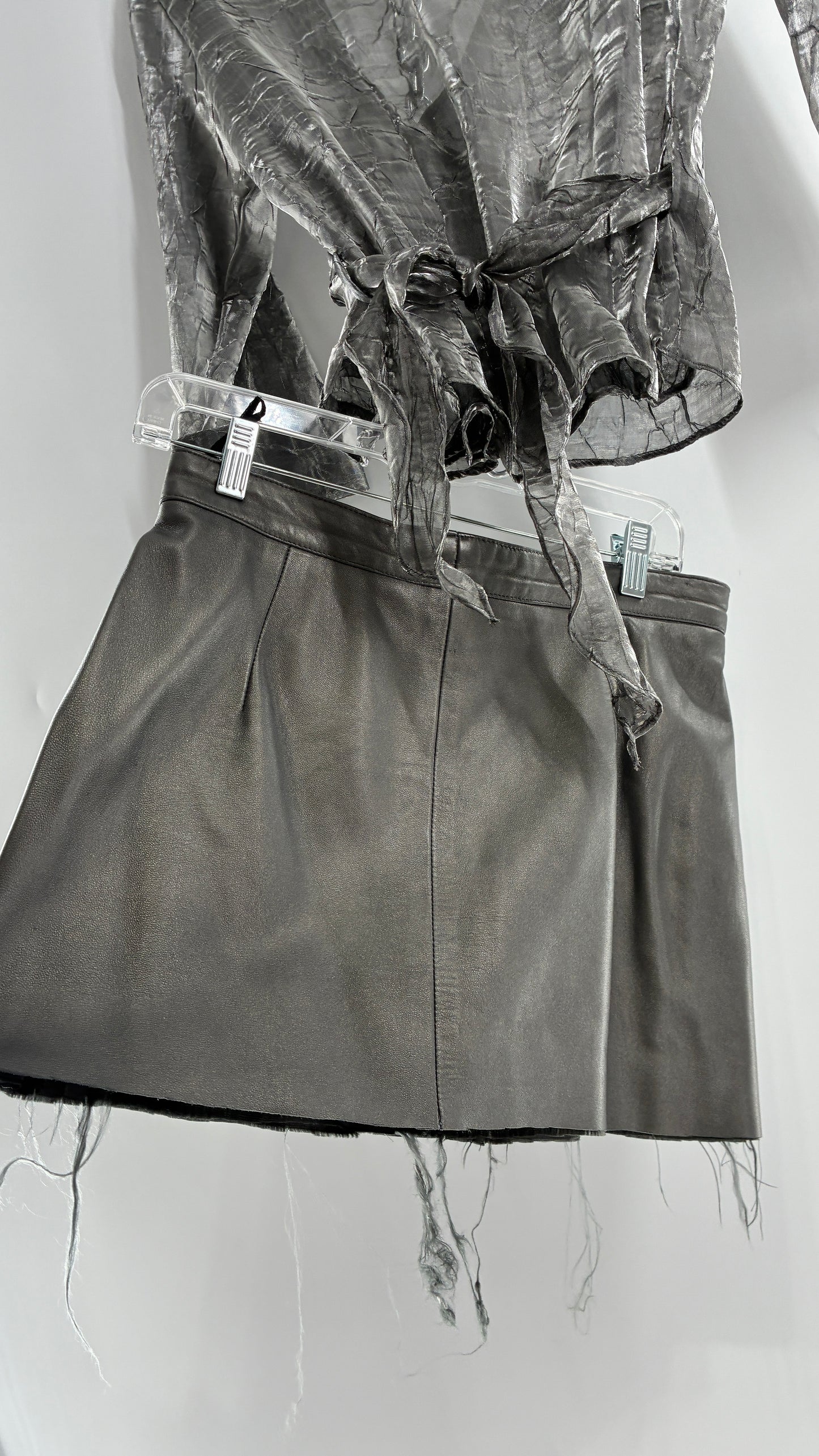 Vintage 1980s JUST PIERRE 3pc Metallic Silver Leather Trench Coat, Micro Mini Skirt and Sheer Blouse Set (S/M)