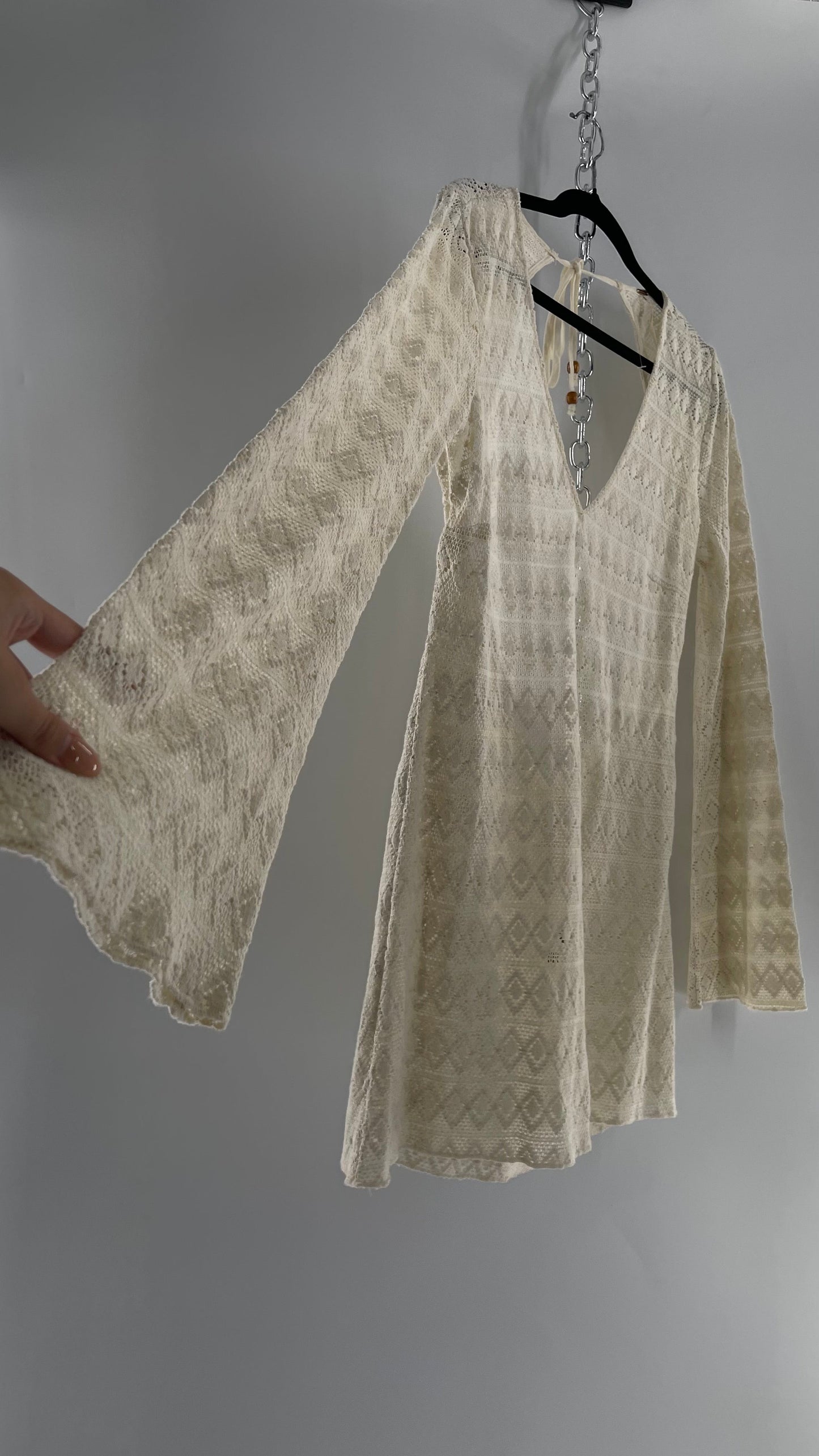 Free People Gauze Lace Open Back Mini Dress with Bell Sleeves (S)