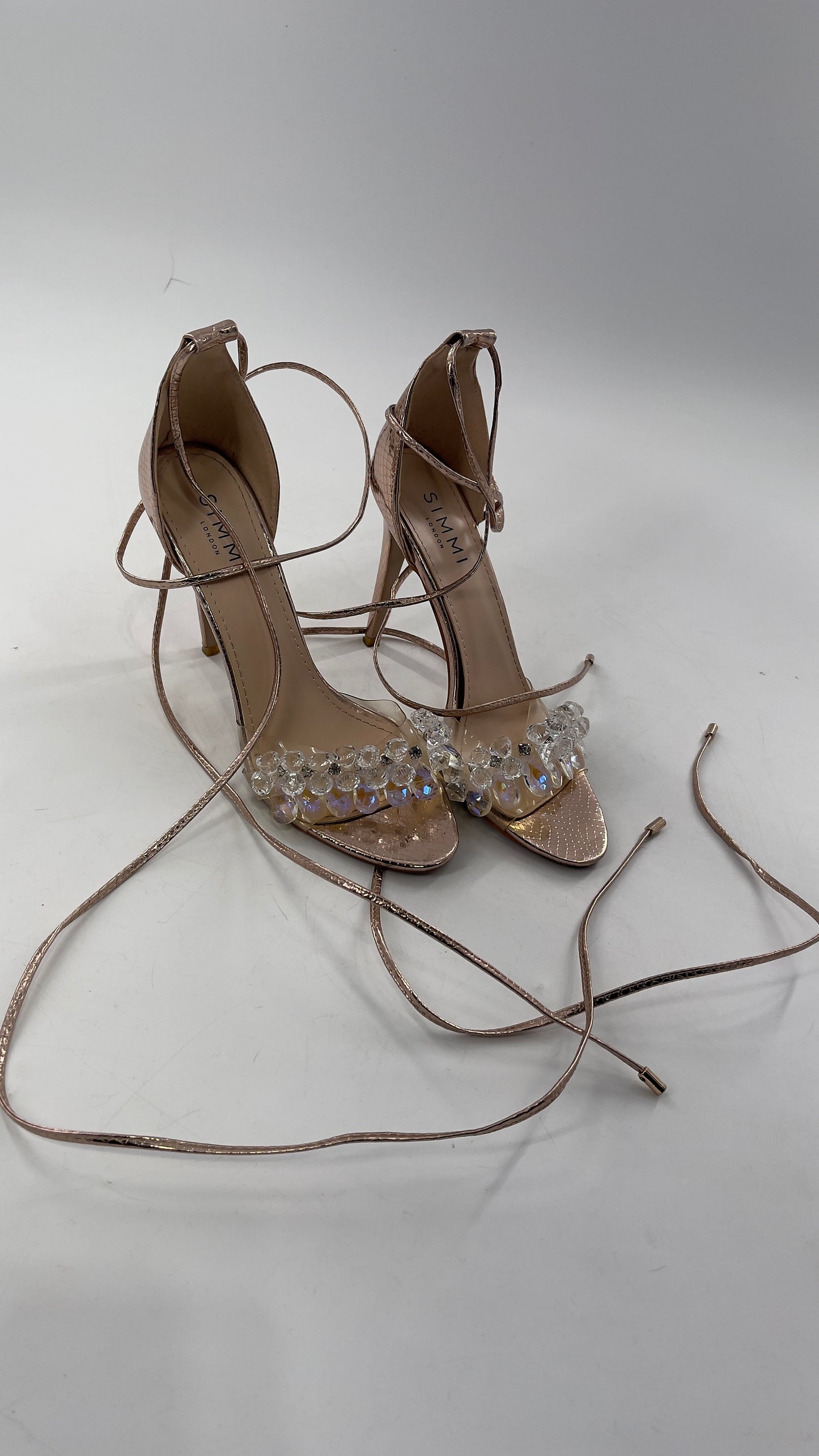 SIMMI LONDON Rose Gold Textured Heels with Clear Toe Strap Covered in Rhinestones/ Crystal Pendants and Tie Up Ankle Straps (7)