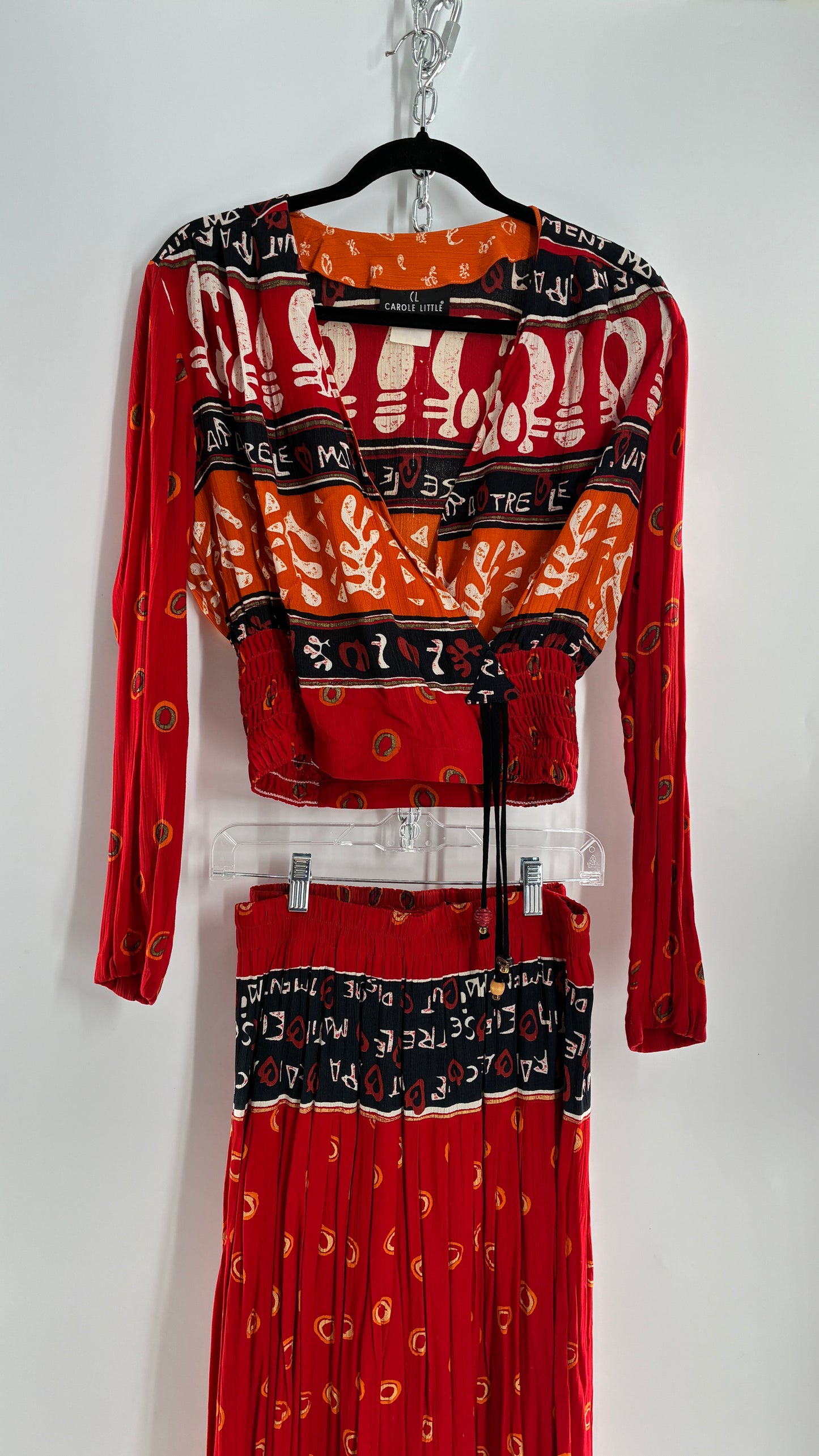 Vintage CAROLE LITTLE Red 3pc Set, Cropped Blouse, Haram Pant and Skirt (Pants 4, Skirt 10, Top S)