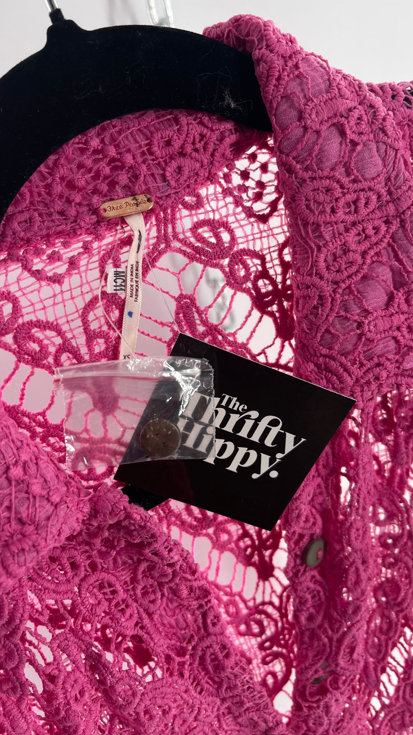 Free People Until Sunday Fuchsia Purple/ Pink Thick Lace Button Front Blouse with Coconut Buttons (XS)