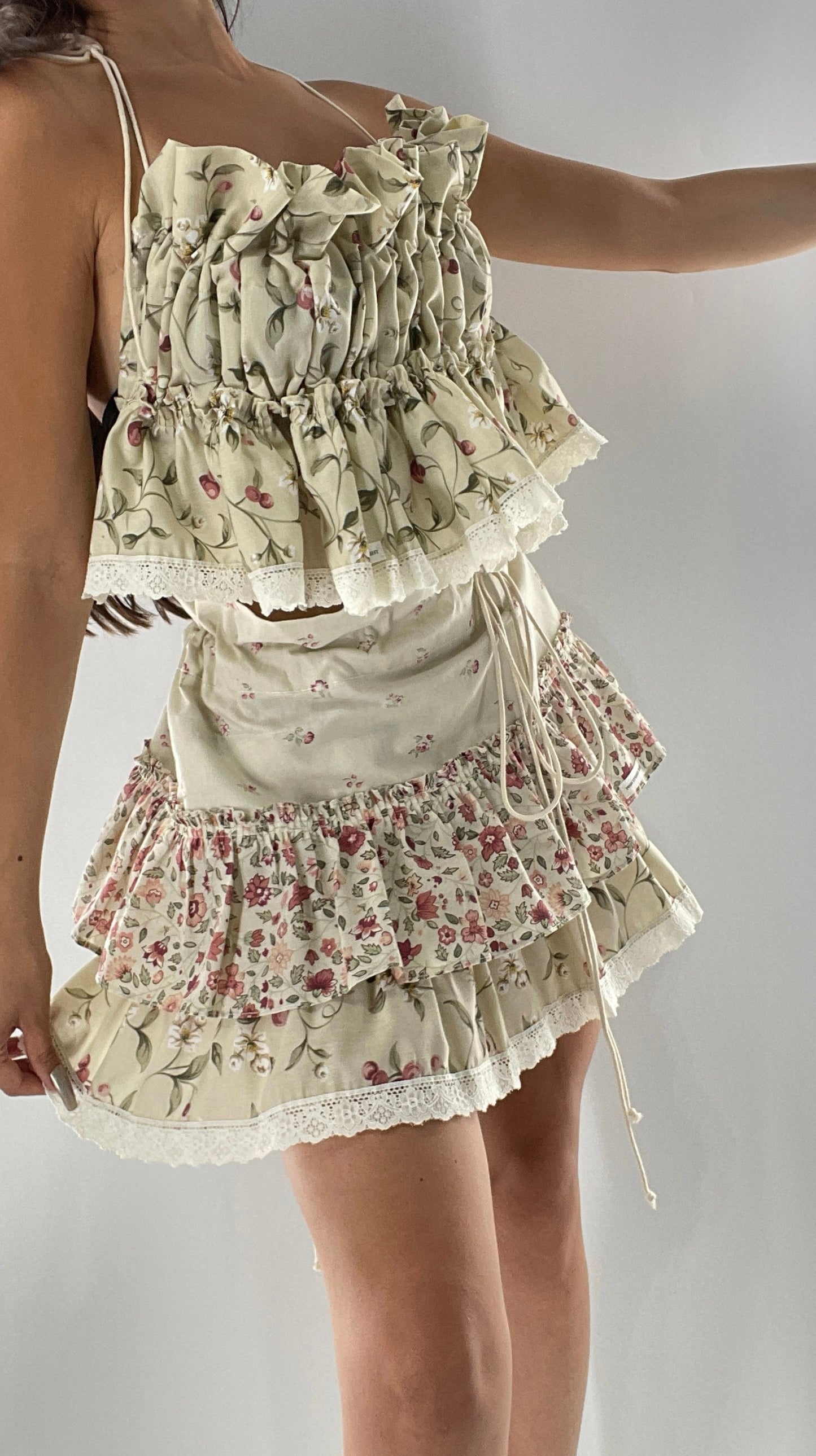 Vintage Cherry Cottage Set with Tiered Ruffled Skirt and Ruched, Backless Top (One Size)