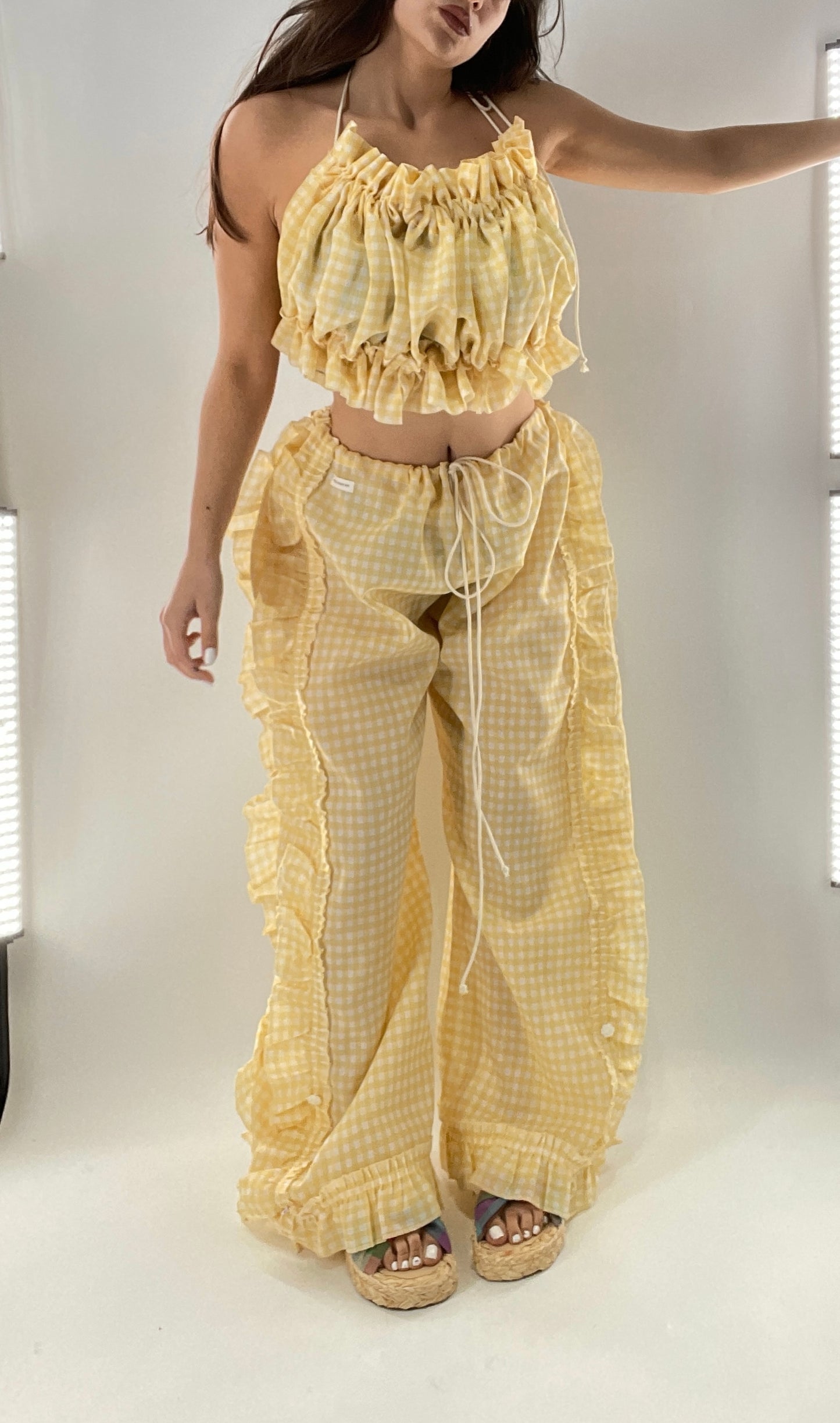 Vintage 2 Piece Yellow Checkered/Gingham Patterned Picnic Set with Ruched Bust Top and Ruffle Side Wide Legs with Adjustable Length, Strap Up Buttons on Hem (One Size)
