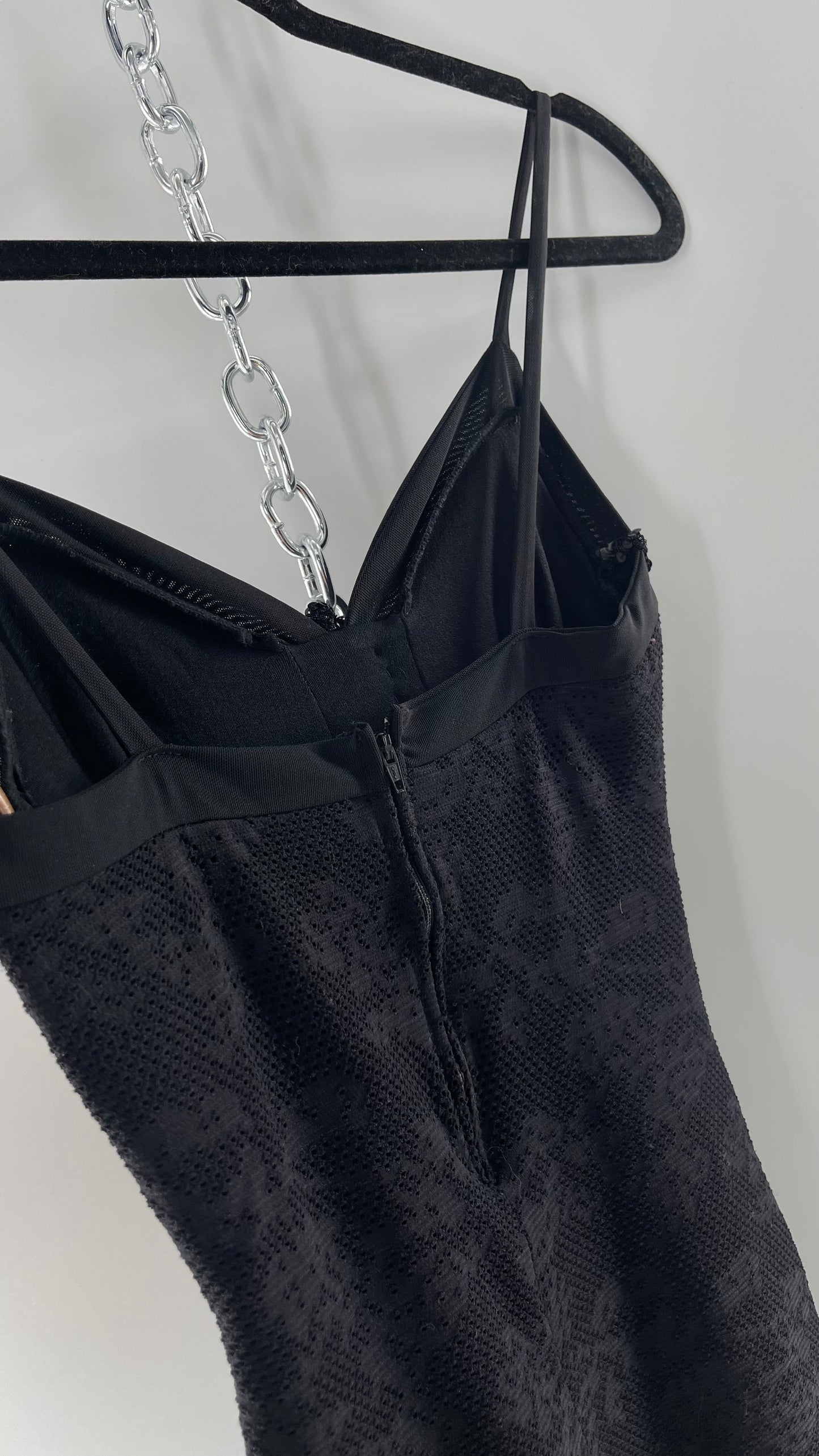 Vintage Black Lace Bodycon Dress with Sequin Underbust Detailing (XS)