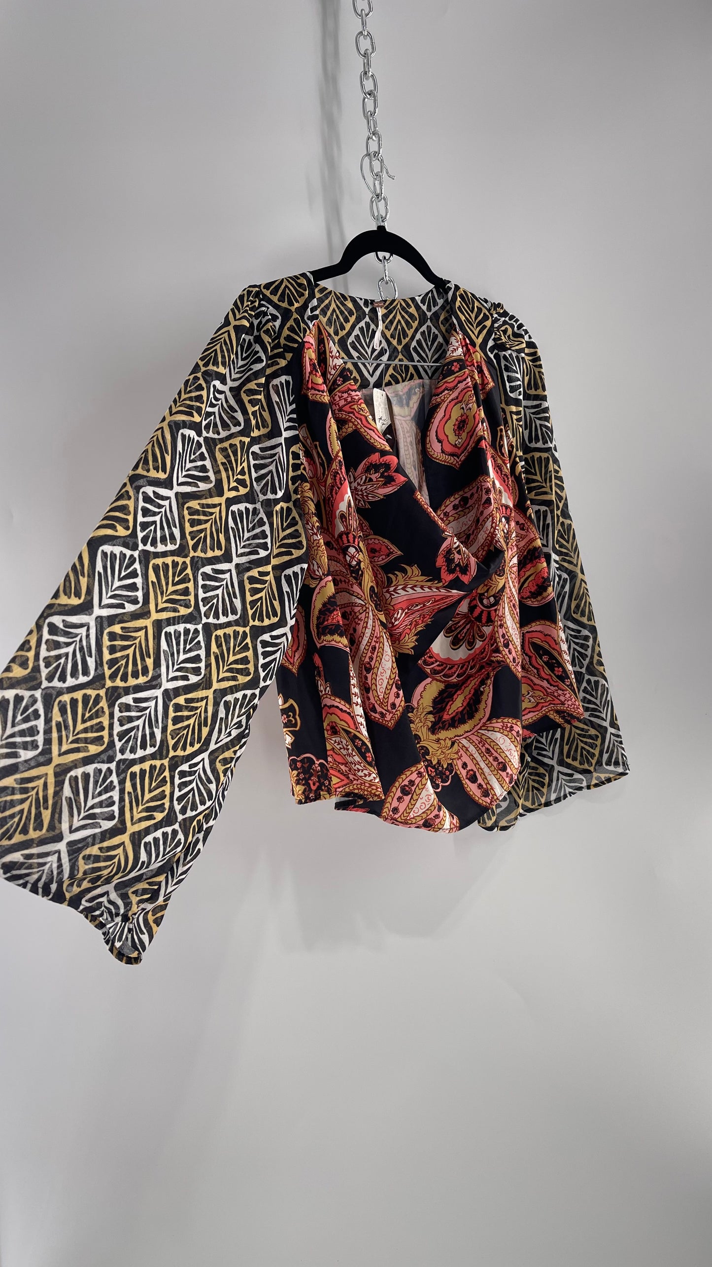 Free People Paisley Bodice Blouse with Sheer Contrast Sleeves, Draping Neckline and Tags Attached (Small)