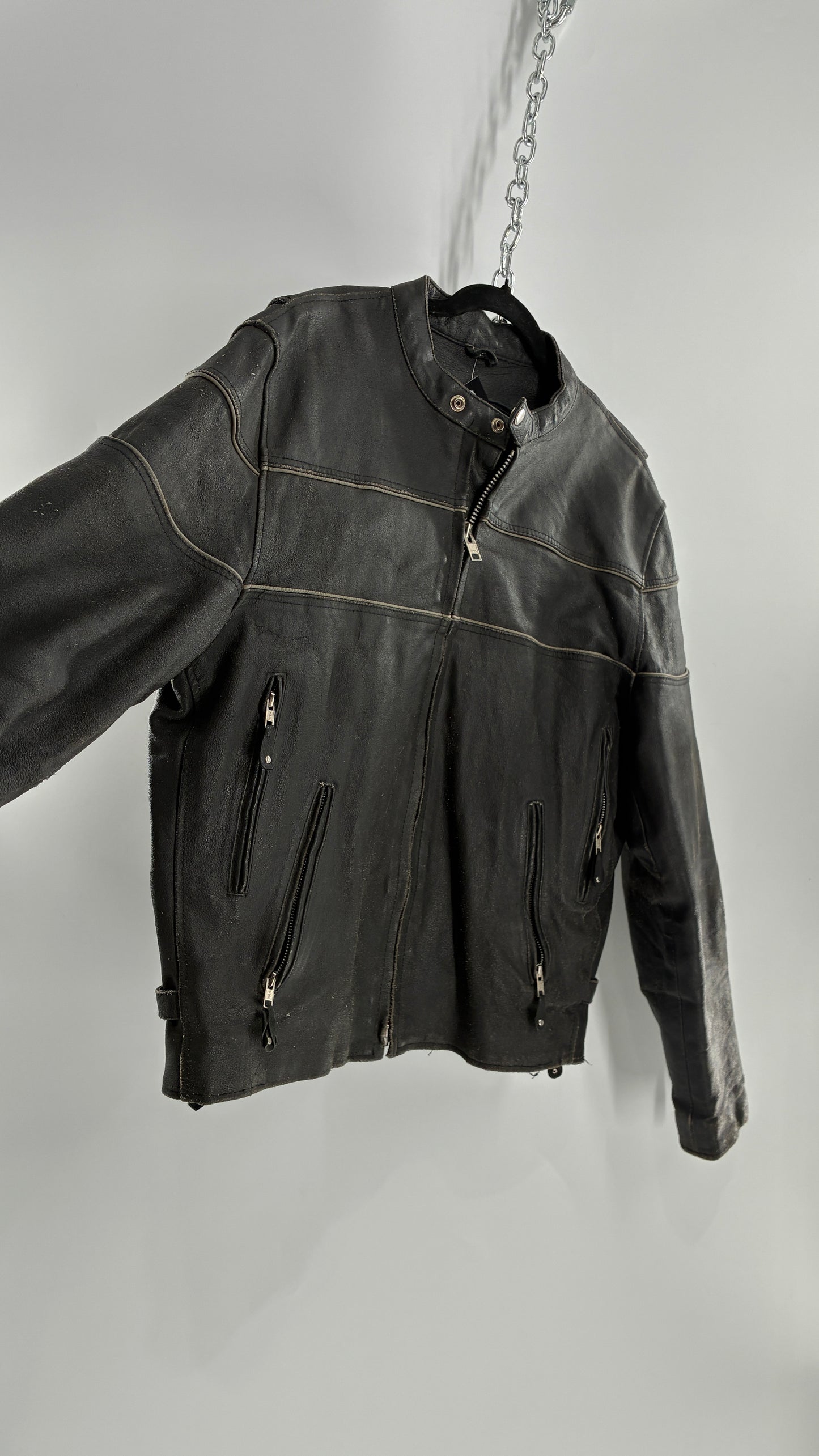 Vintage Distressed Genuine Leather Motorcycle Jacket with Zippered Pockets, Cuffs, and Sides (Large)