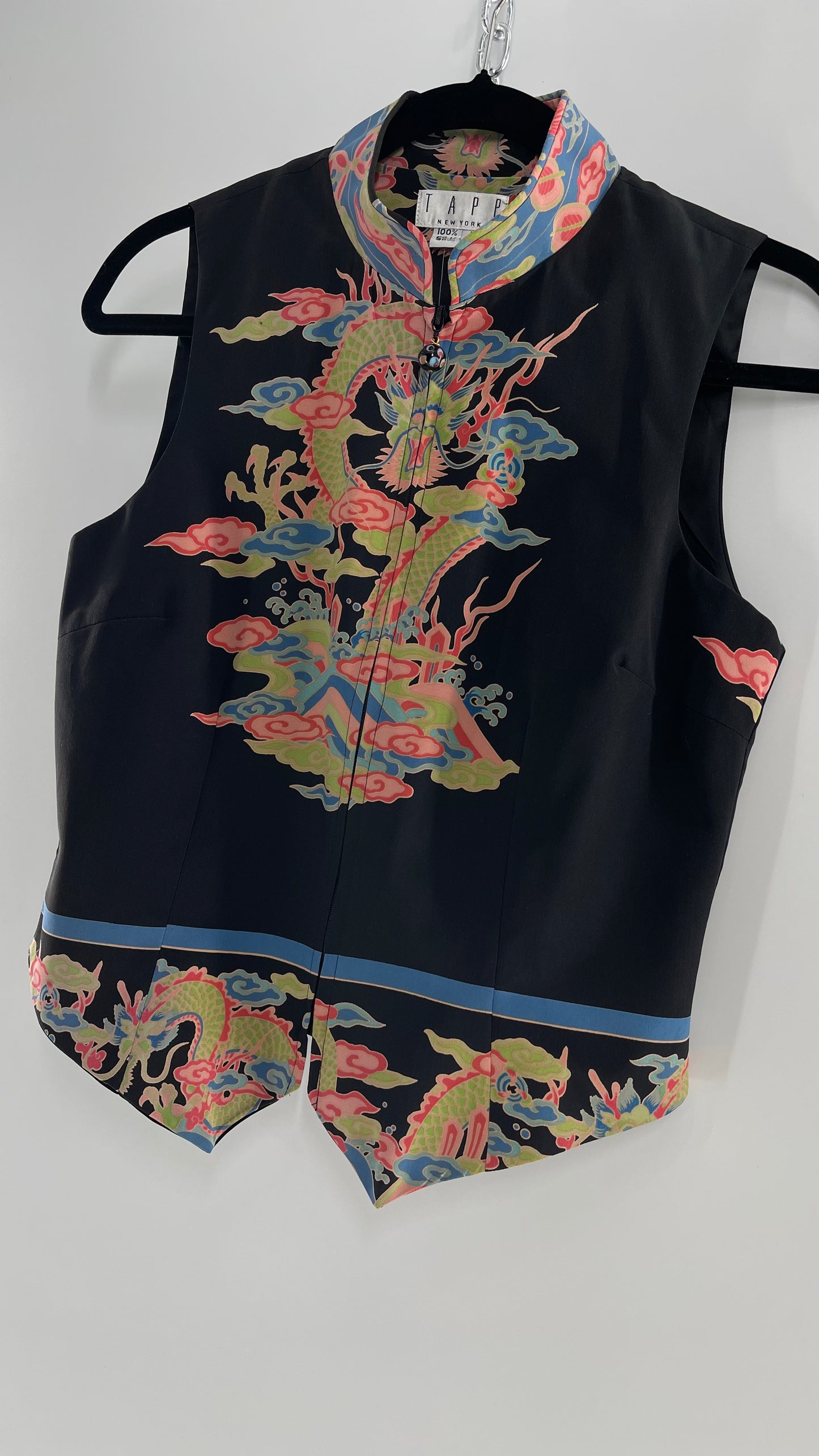 Vintage 1990s TAPP NEW YORK 100% Dragon Graphic Zip Front Crop Sleeveless Vest Top Silk (Medium)