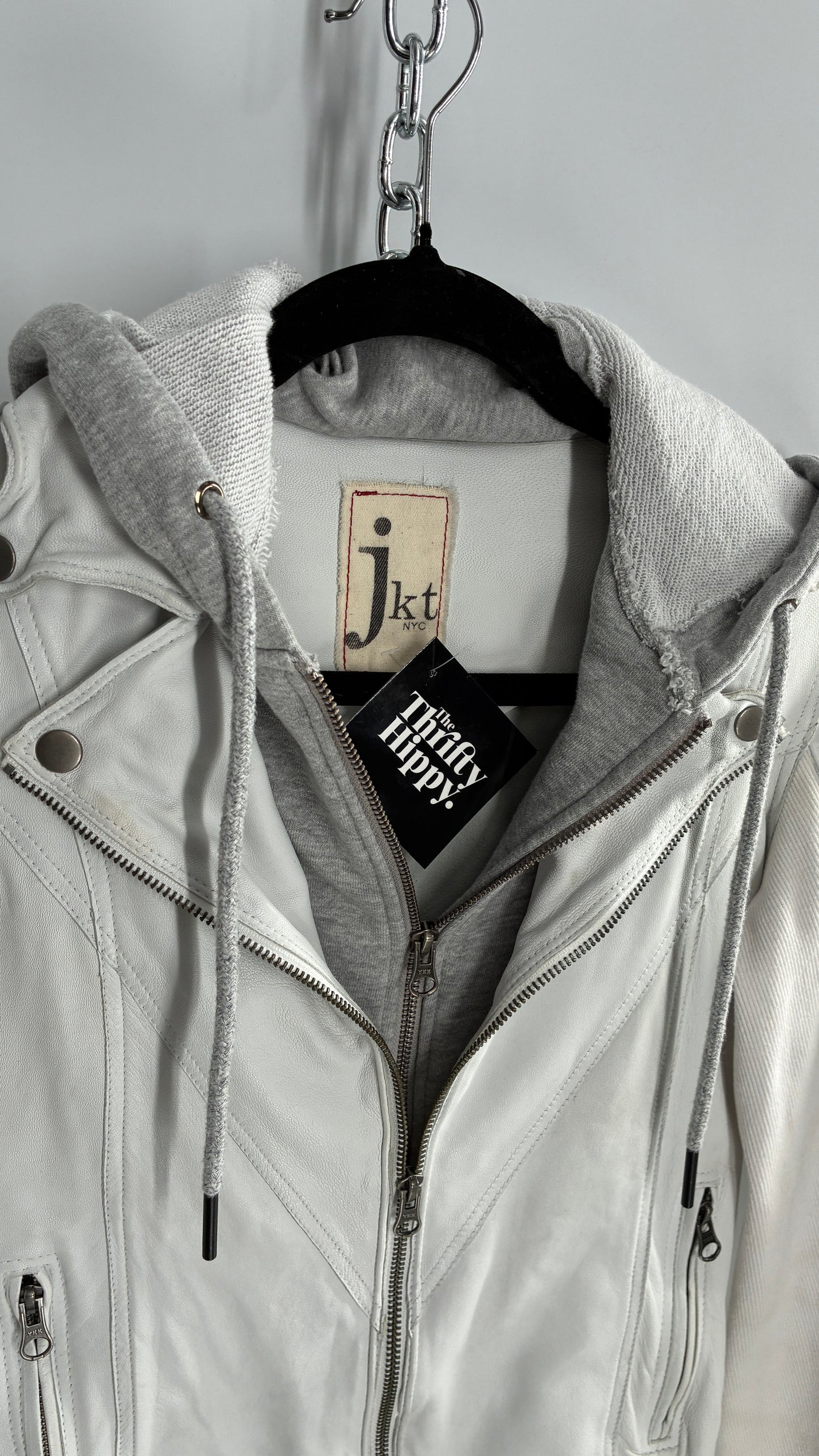 Jakett White Molly Burnished White Genuine Leather Double Layer Moto Jacket with Removable Grey Hoodie Insert (XS)