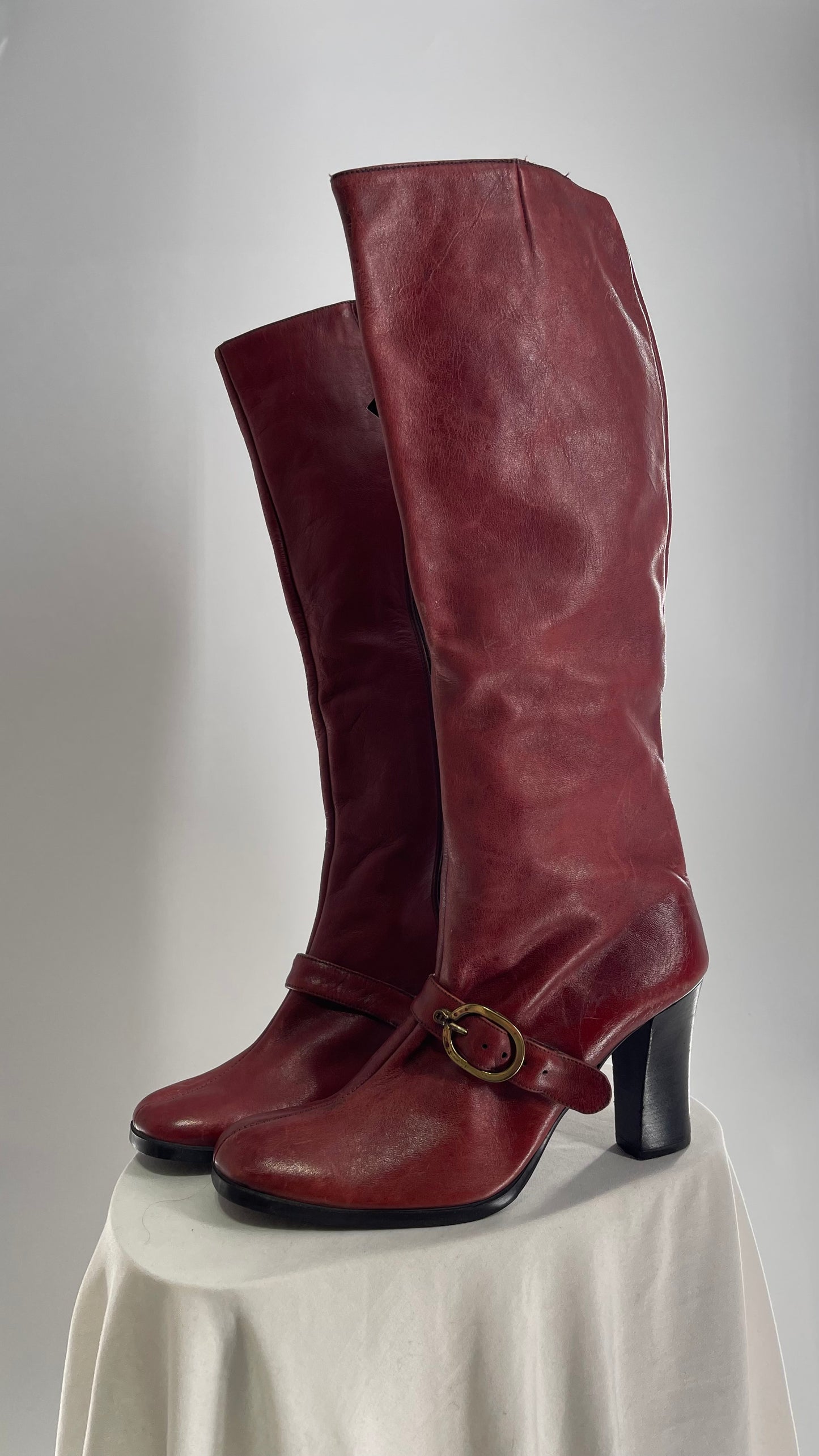 Vintage Etienne Aigner Red Italian Leather Boots with Buckle Strap (8.5)
