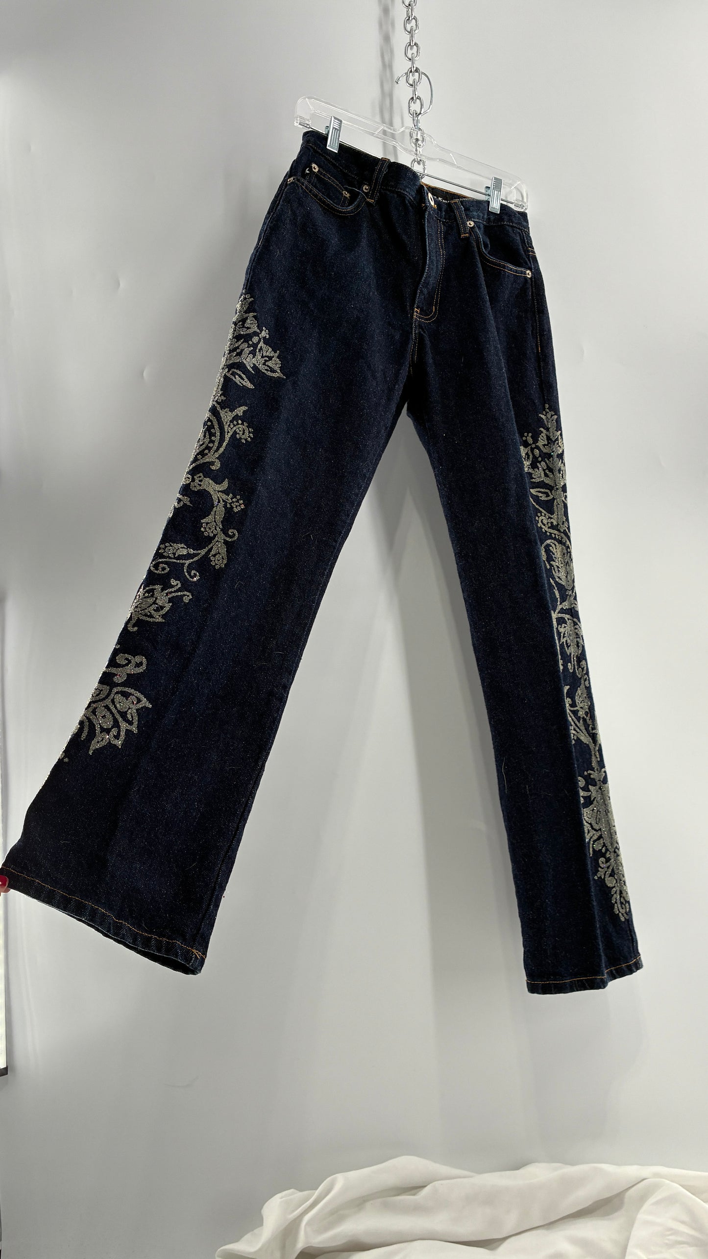 Vintage EXPRESS JEANS Dark Wash with Iridescent, Embellished, Textured Design Running Down Pant Leg (3/4)