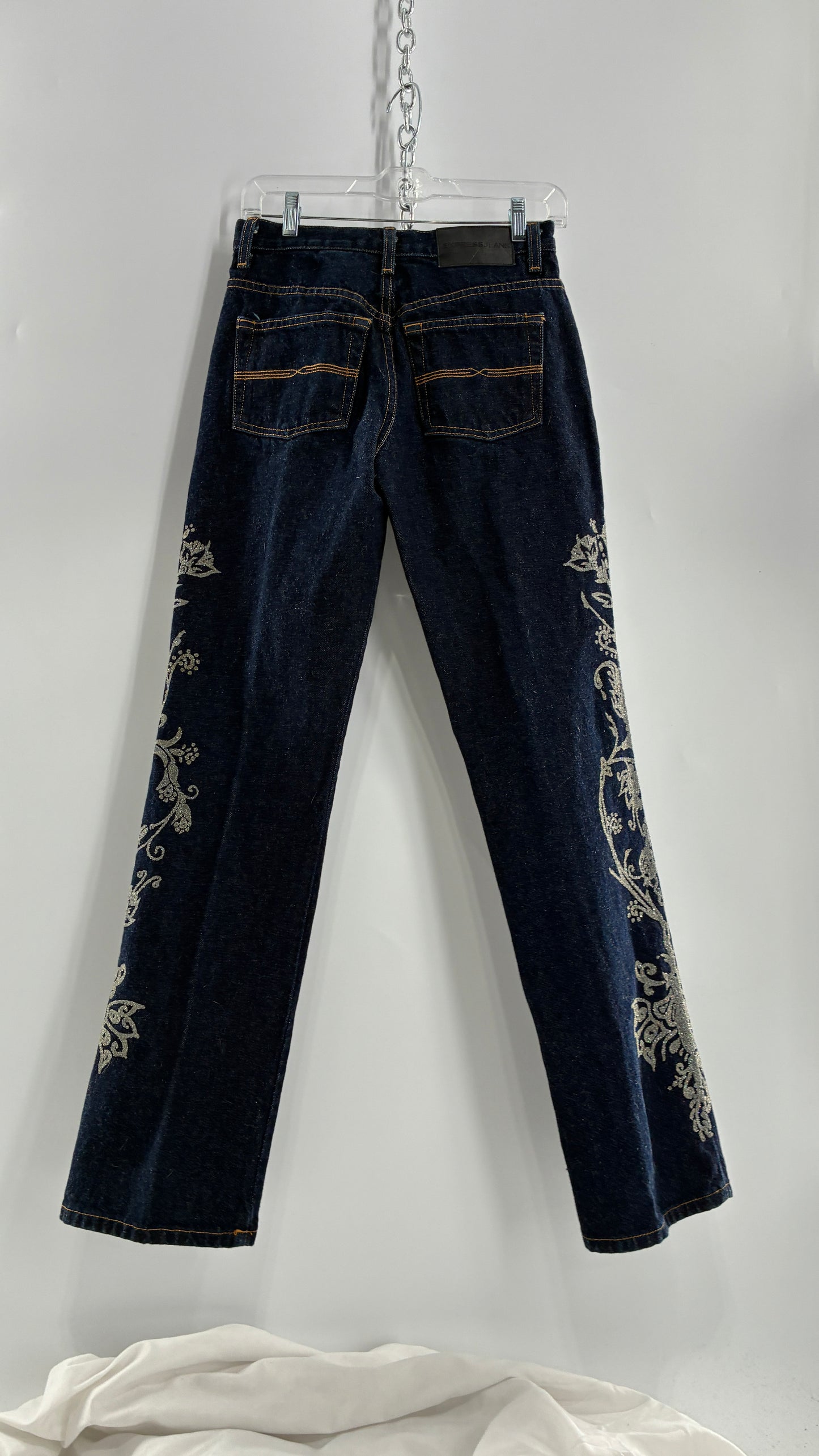 Vintage EXPRESS JEANS Dark Wash with Iridescent, Embellished, Textured Design Running Down Pant Leg (3/4)