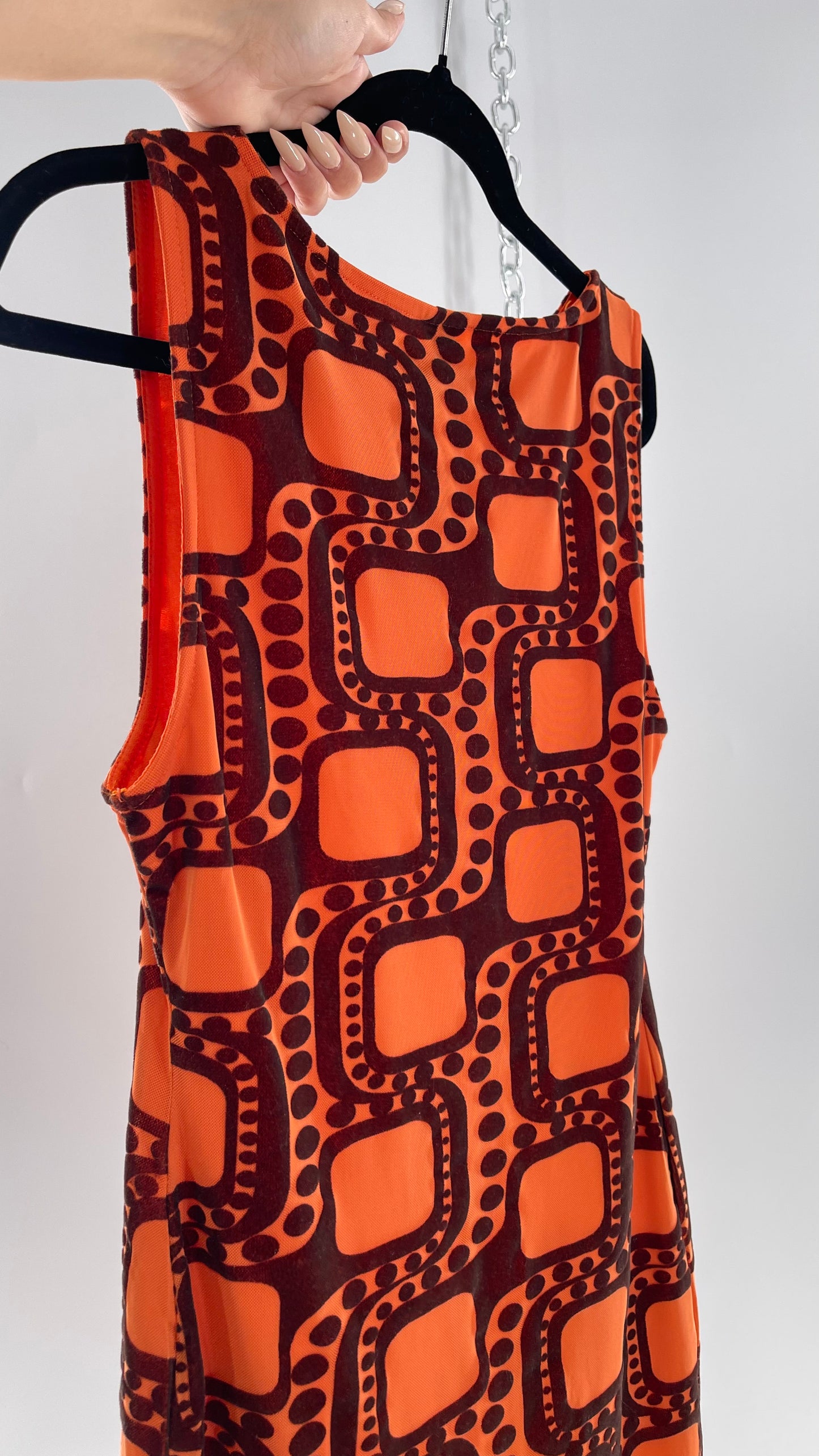 Urban Outfitters Orange Retro Patterned Tunic Dress with Brown Velvet 1970s Print (Large)