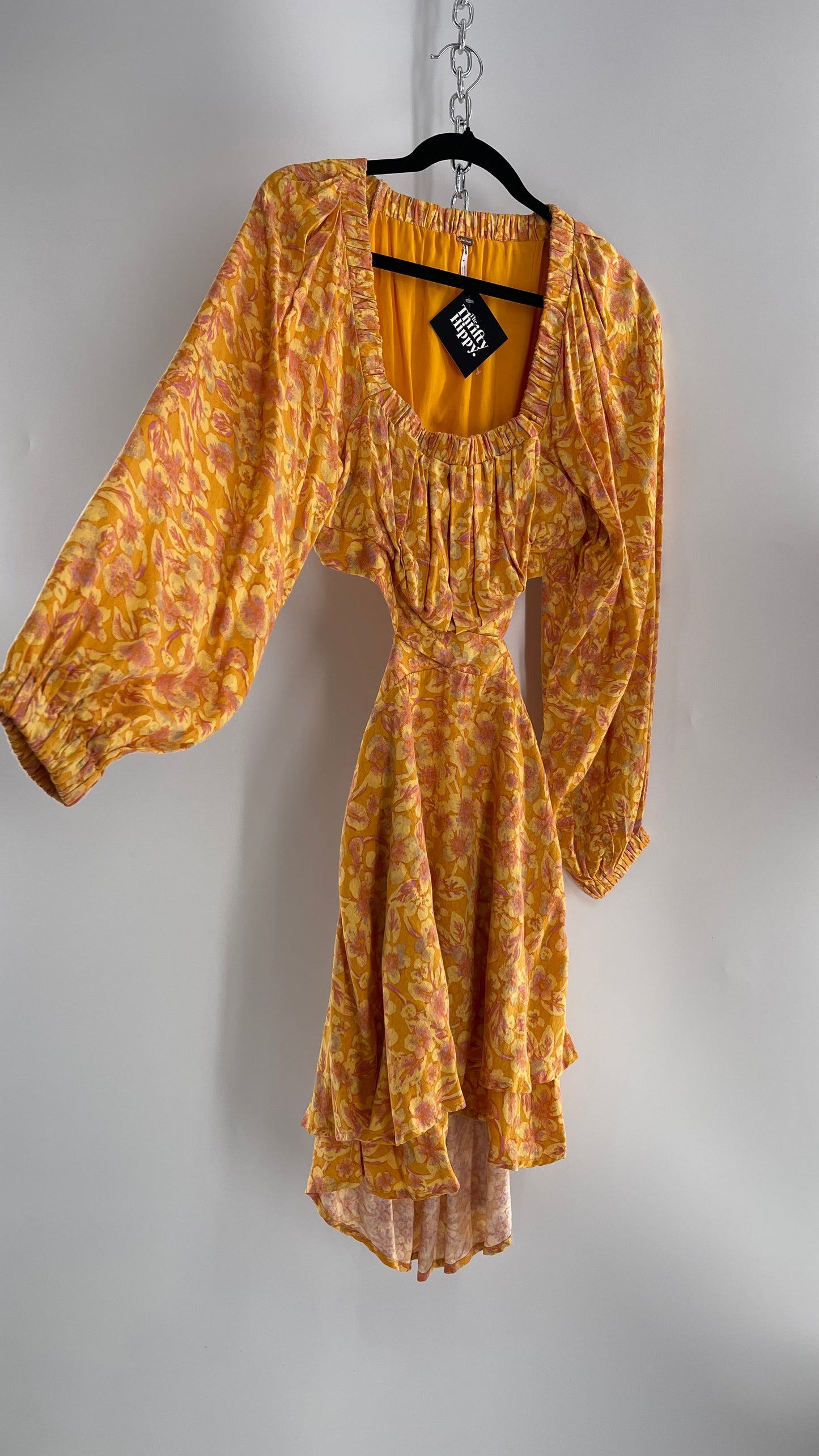 Free People Yellow Cut Out Golden Florals Dress with Ruched Bust and Balloon Sleeves (Small)