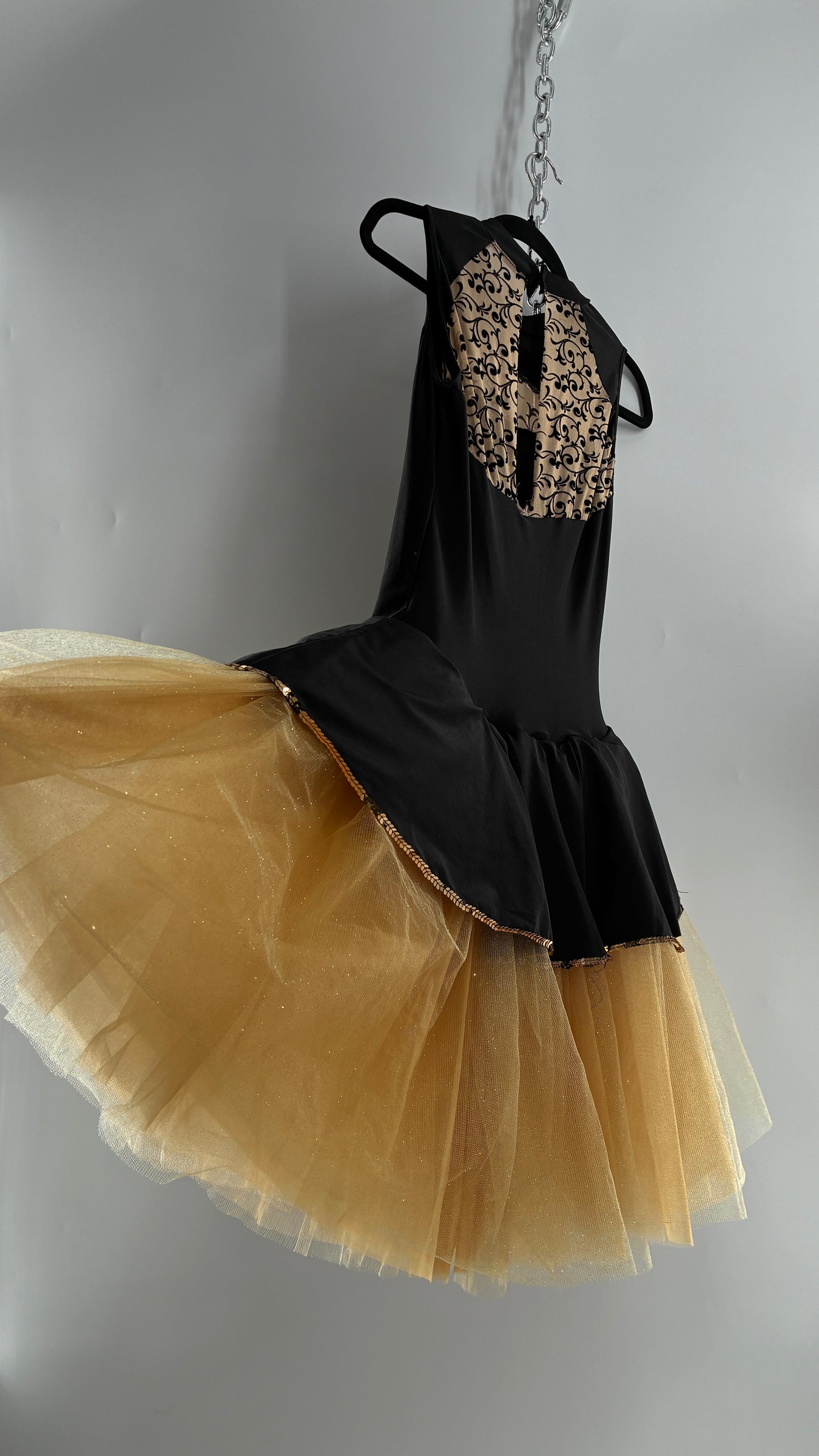 Costume Dancewear Mini Dress with Full Tulle Skirt, and Lace Appliqués (Medium Adult)