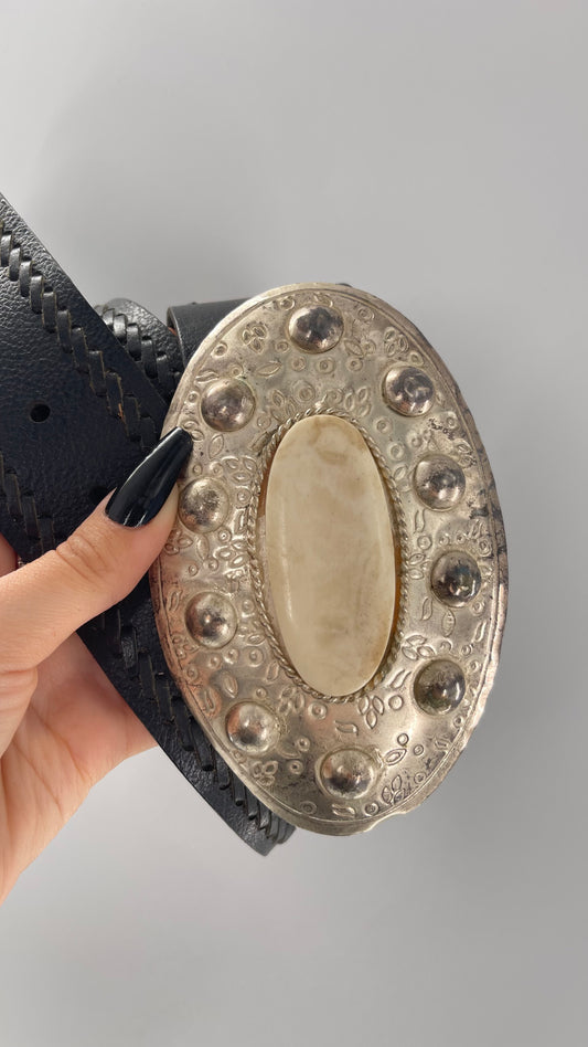 Vintage Black Leather Belt with Silver Metal Buckle with ‘Stone’ Detail (M/L)