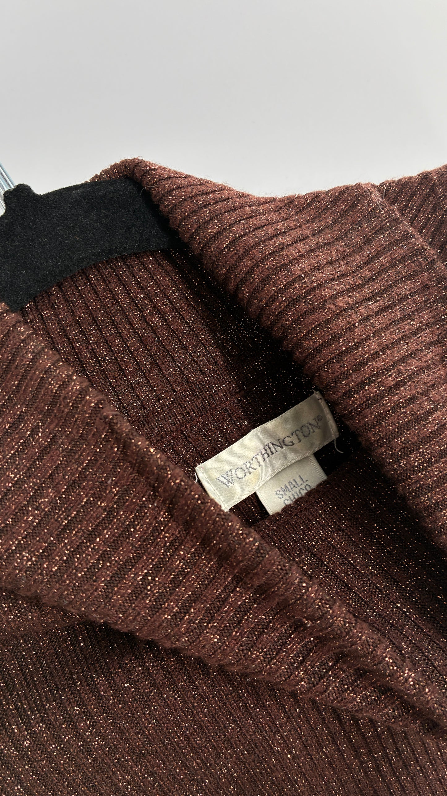 WORTHINGTON Brown Sparkle Tinsel Ribbed Knit Turtle Neck (Small)