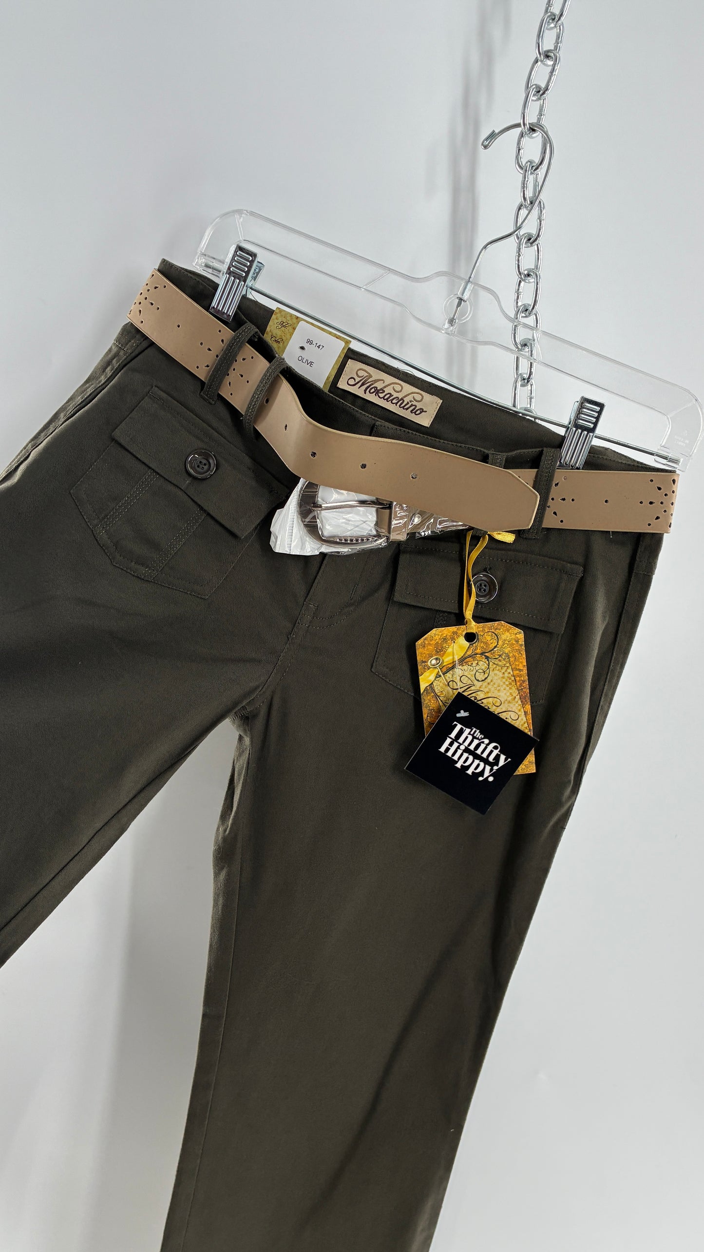 Deadstock Vintage MOKACHINO Olive Green Low Rise Kickflares with Hip/Bum Pockets and Built in Belt (7)