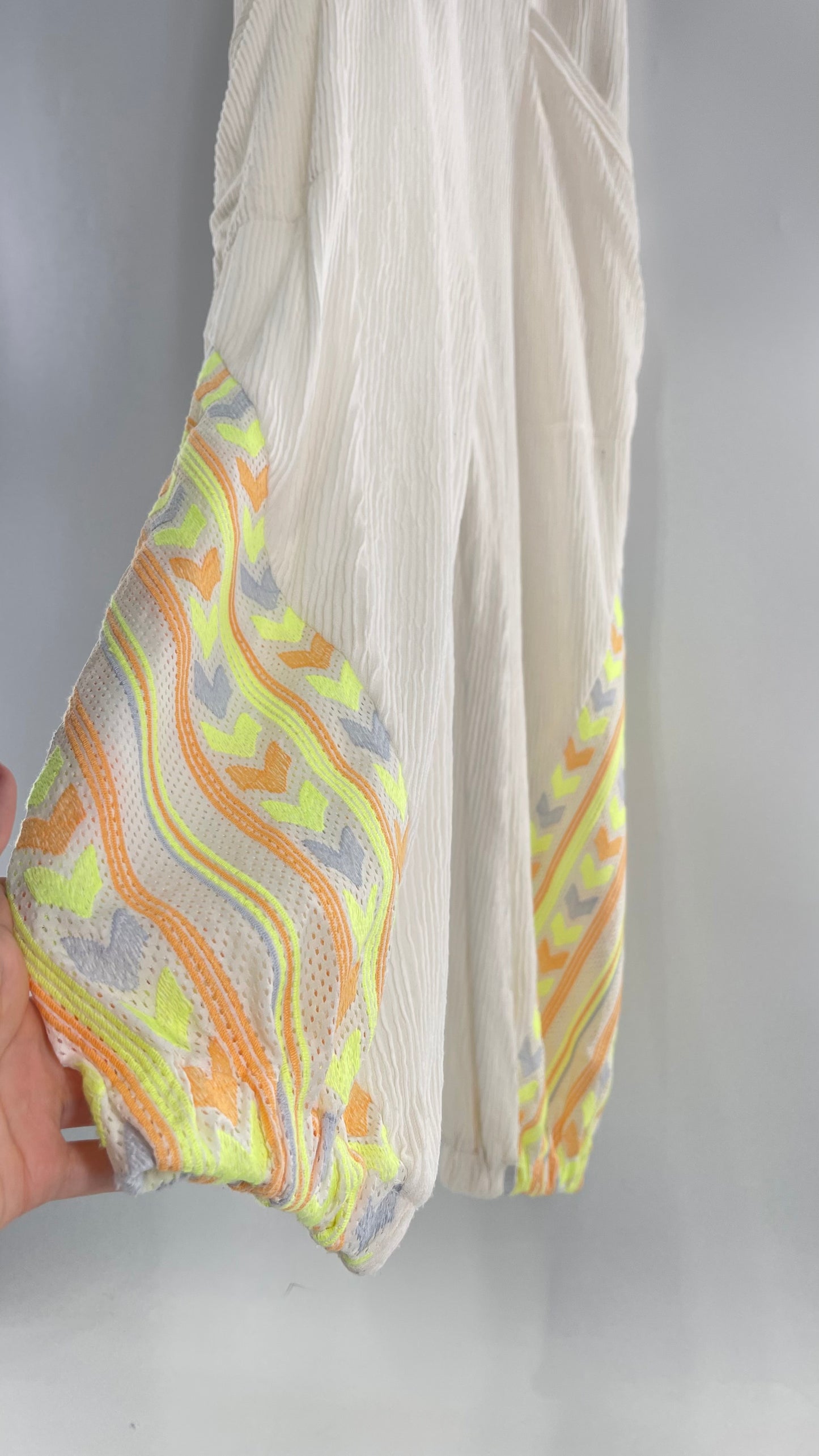 Free People Movement Cream Ribbed Jumpsuit with Yellow/Orange Embroidered Details and Waist Cinching Drawstring (Small)