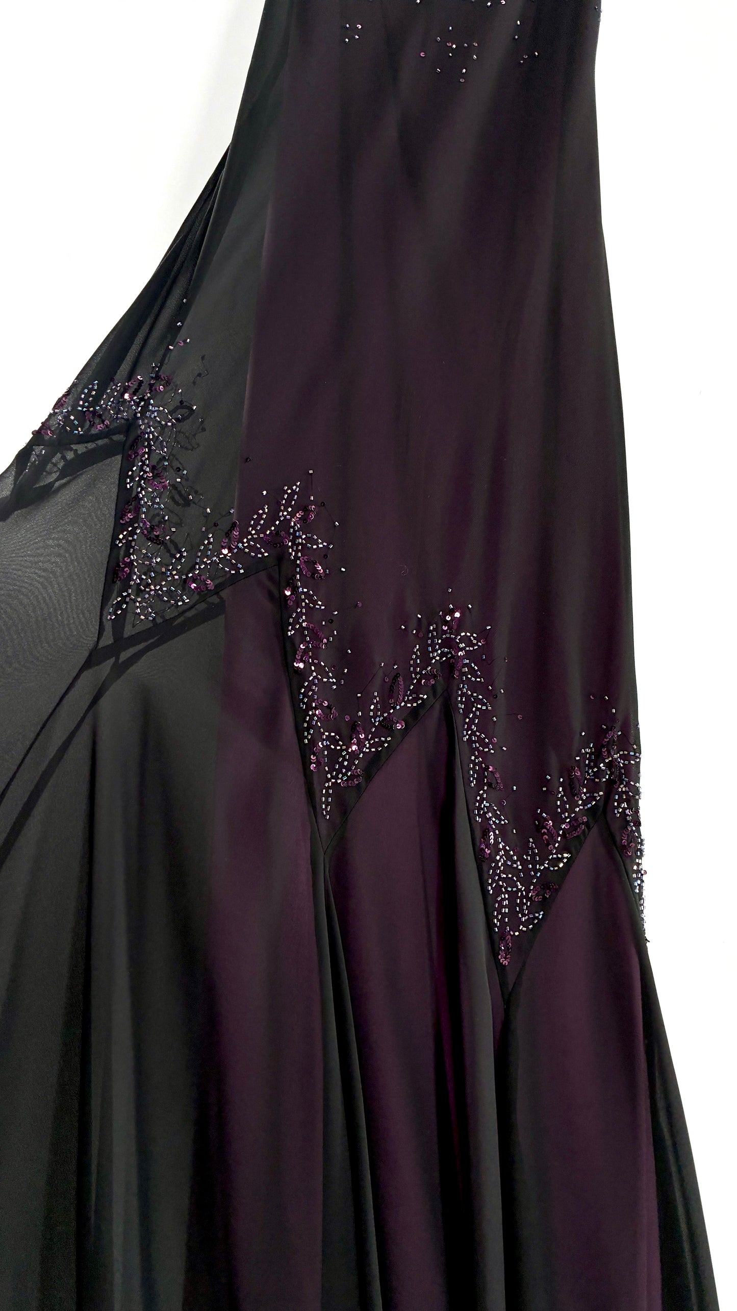 Vintage XSCAPE Full Length Black Beaded Gown with Purple Underlay (4)
