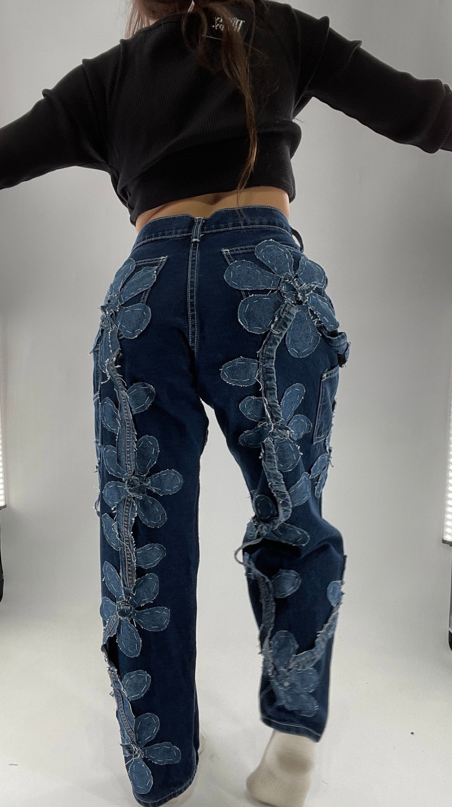 Handmade CUSTOM Dual Denim Tone Floral Vine Cargo Denims (S)
