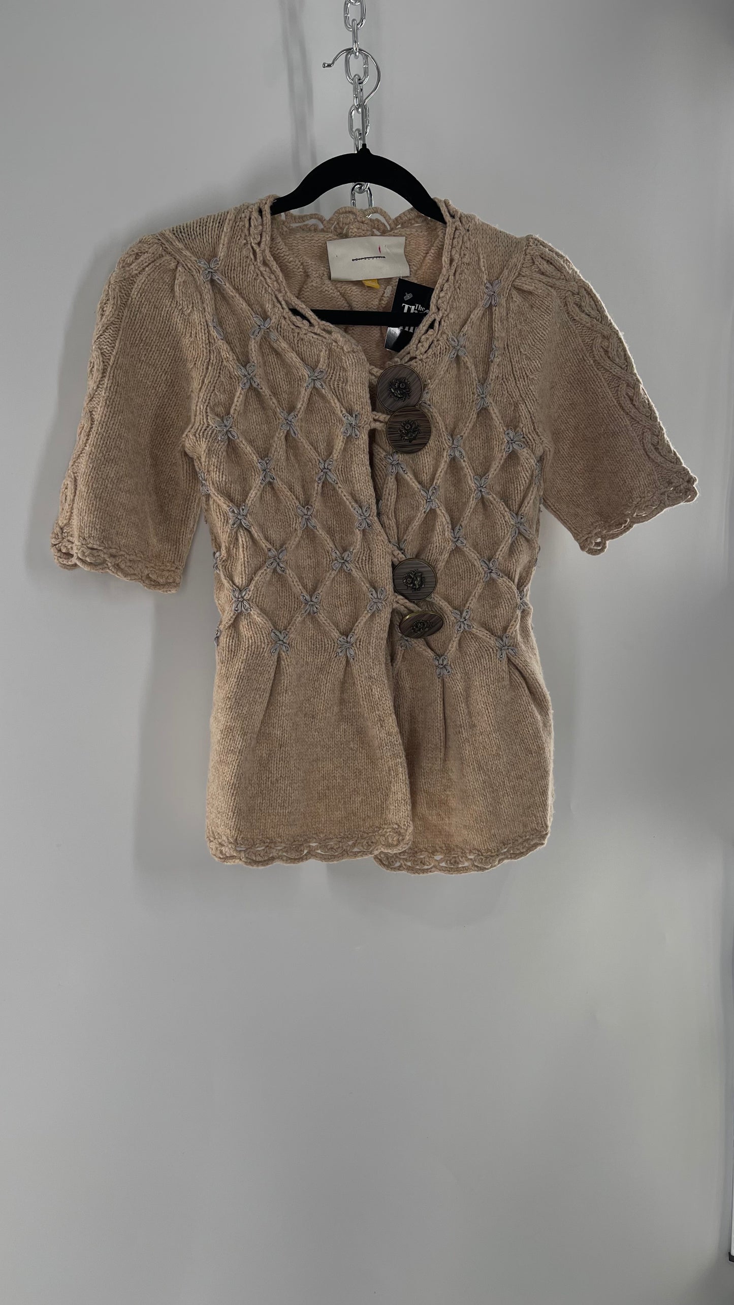 Anthropologie Leifsdottir Knit Argyle Embroidered Sweater with Oversized Statement Buttons (XS)
