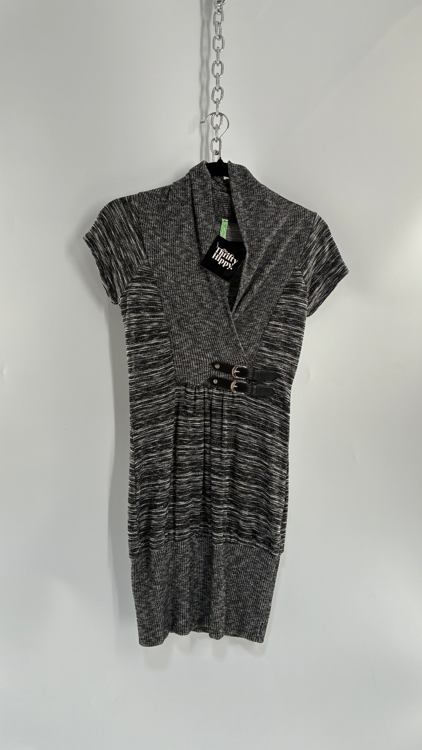 Vintage BELLA Knit Grey and Black Knit Bubble Hem Mini Dress with Under Bust Buckles (Small)