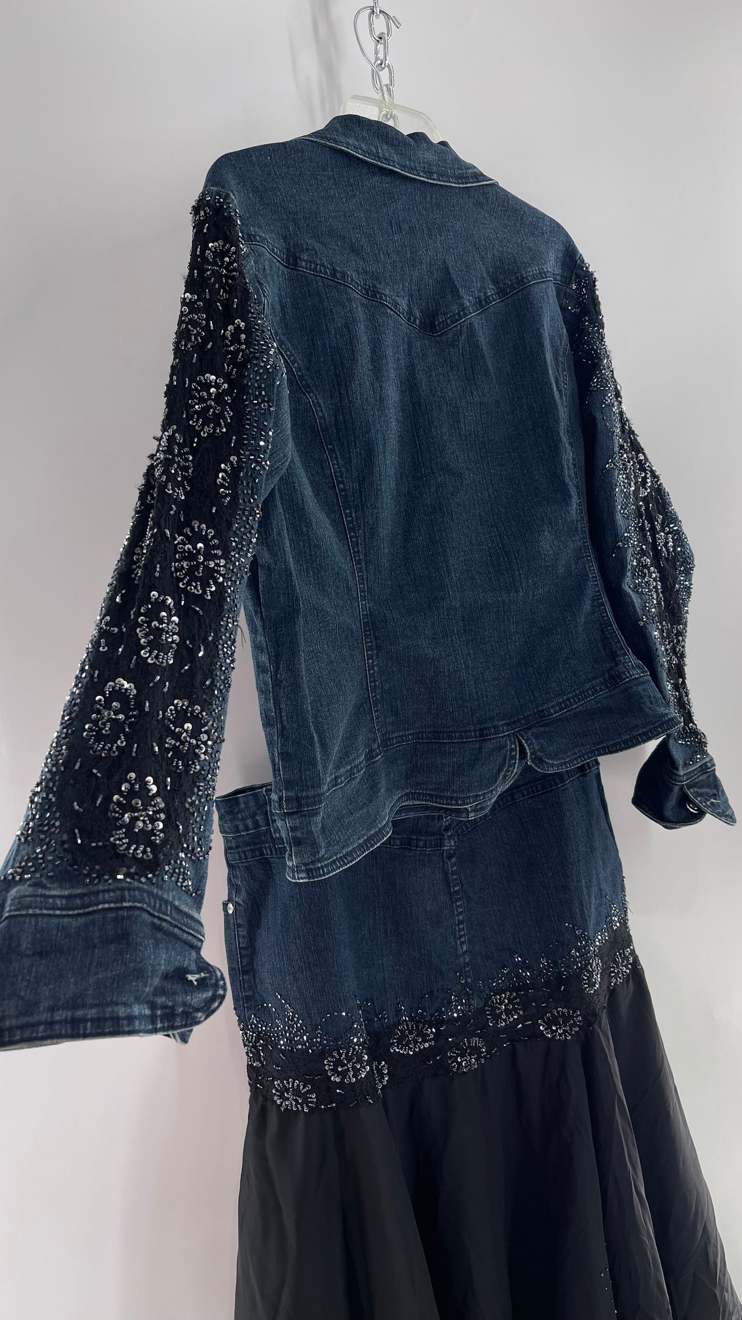 Vintage Ashley Stewart Denim Skirt and Button Up Set with Black Embroidered and Beaded Lace Details + Handkerchief Skirt (16W)