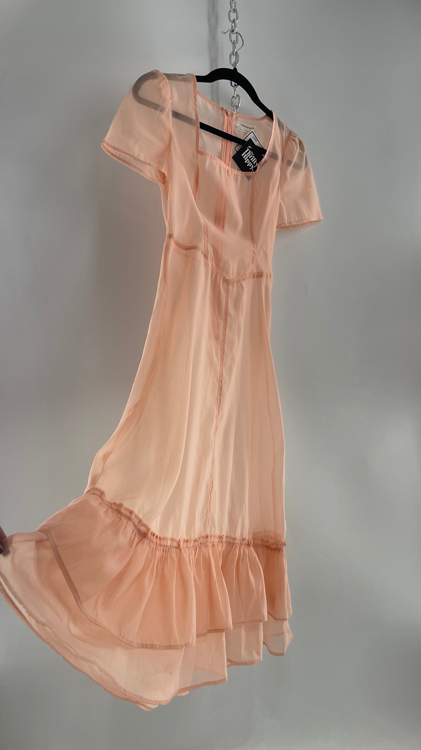 Urban Outfitters Pink/Peach Voile Vintage Inspired MIDI Dress with Ruffled Hem (XS)