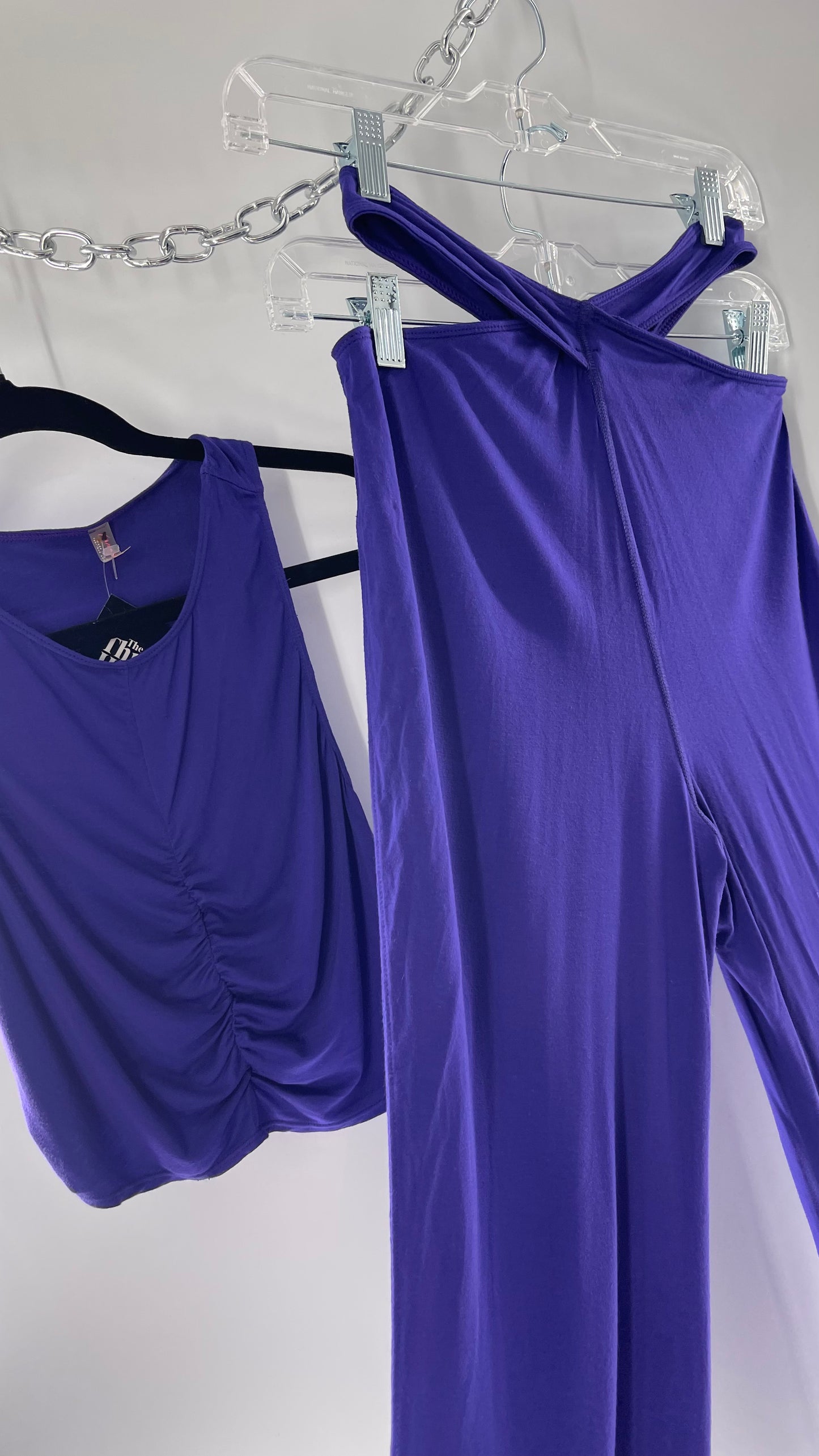 Free People 2 Piece Cobalt Purple Ruched Tank+ Cut Out Hip Strap Detail Flared Bottoms Set (Small)