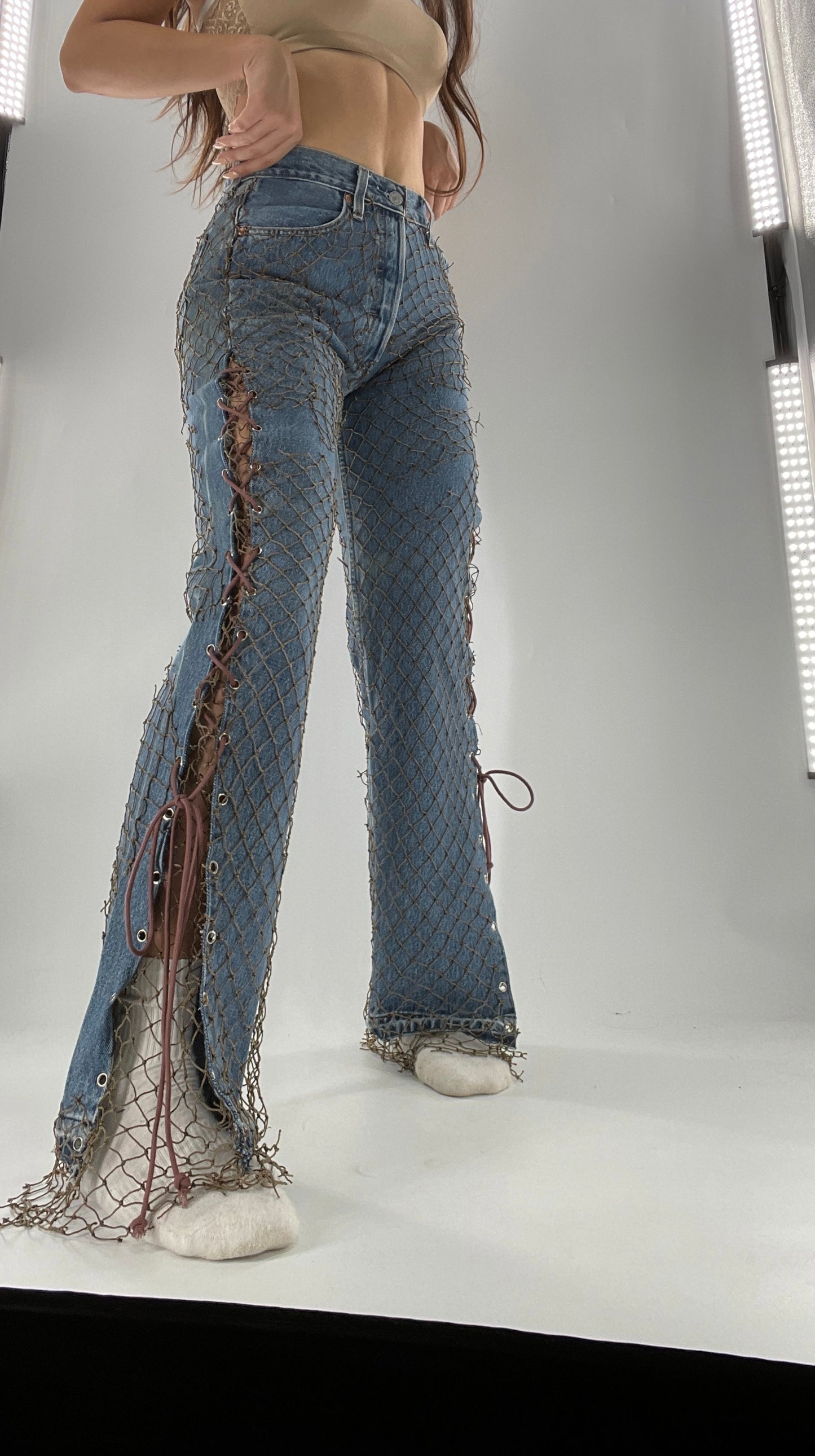 Custom - Fishnet Levi’s with Grommets and Lace Up Sides (Waist 29 Length 30) Fits Like a 26*