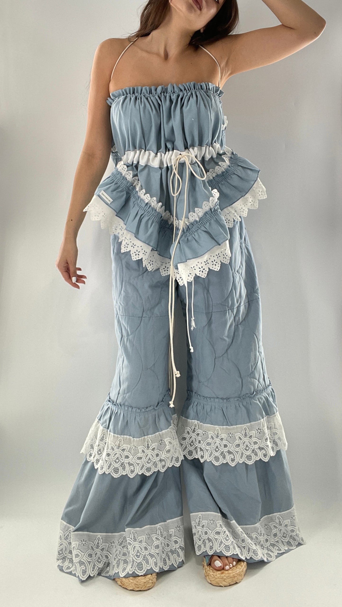 Vintage 2 Piece Powder Blue Set Featuring 2Way Blouse and Quilted Trousers Covered in Ruffles, Lace and Trim (One Size)